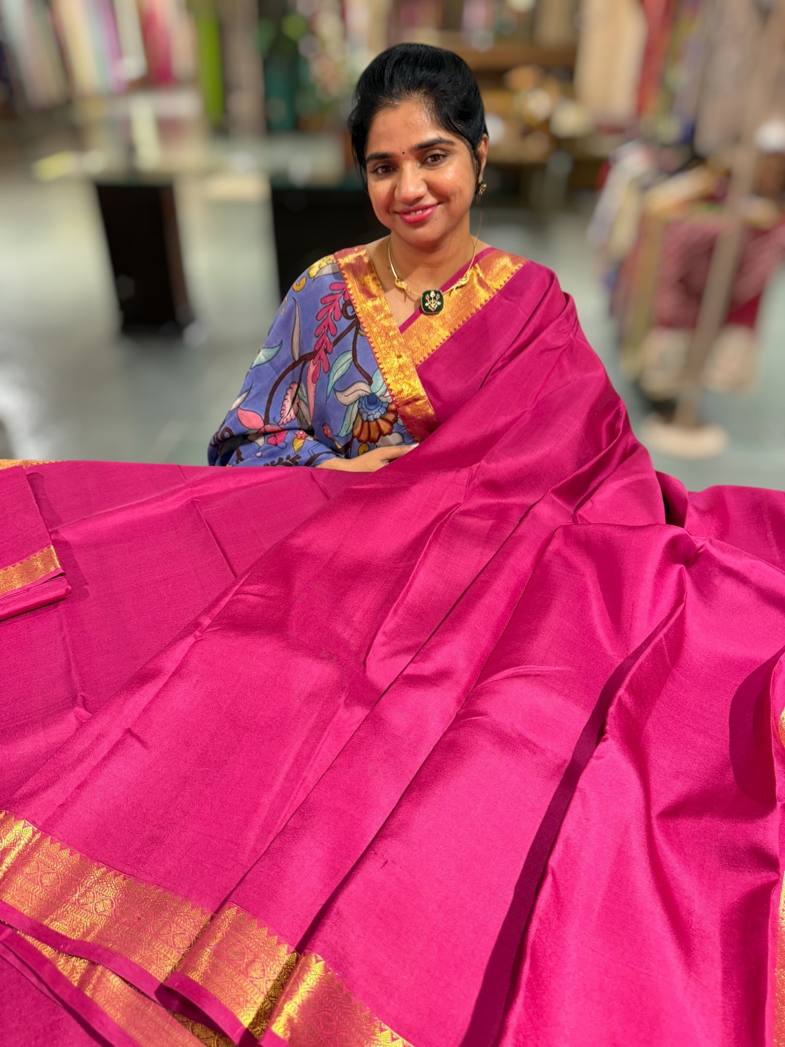 Ruby Pink vintage Kanchipuram silk saree with pen kalamkari blouse