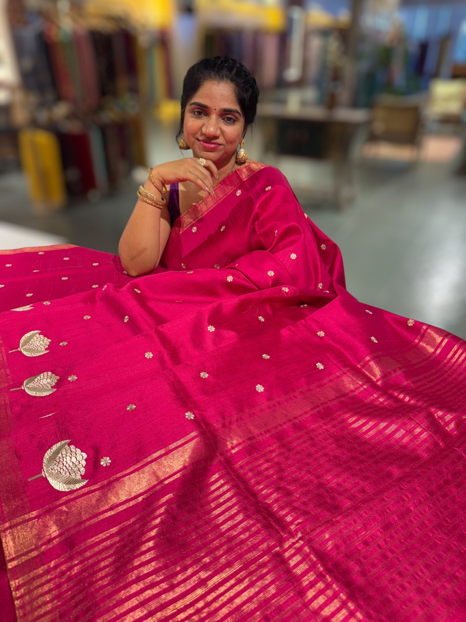 Dark Pink Pure Handloom Raw Silks Saree