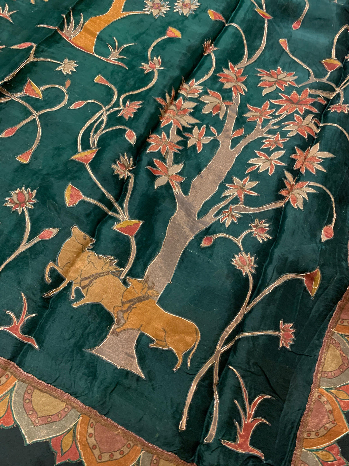 Bottle Green Designer Organza Saree with Stunning Tissue Applique work Saree with village theme