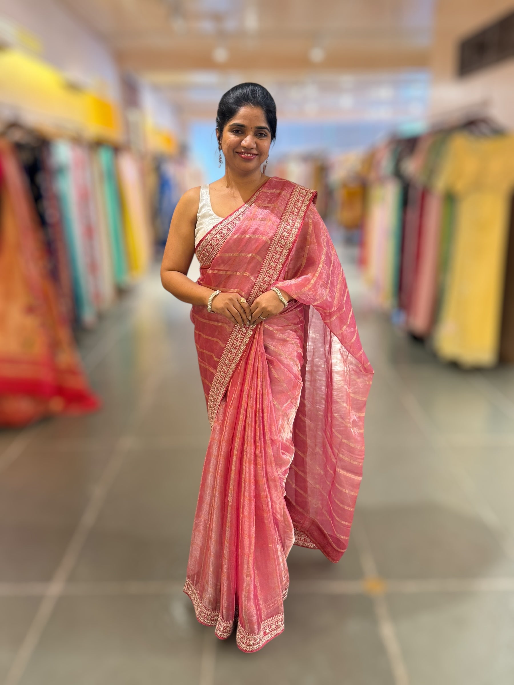 Coral Pink Pure Handloom Tissue checks Saree with sabyasachi borders