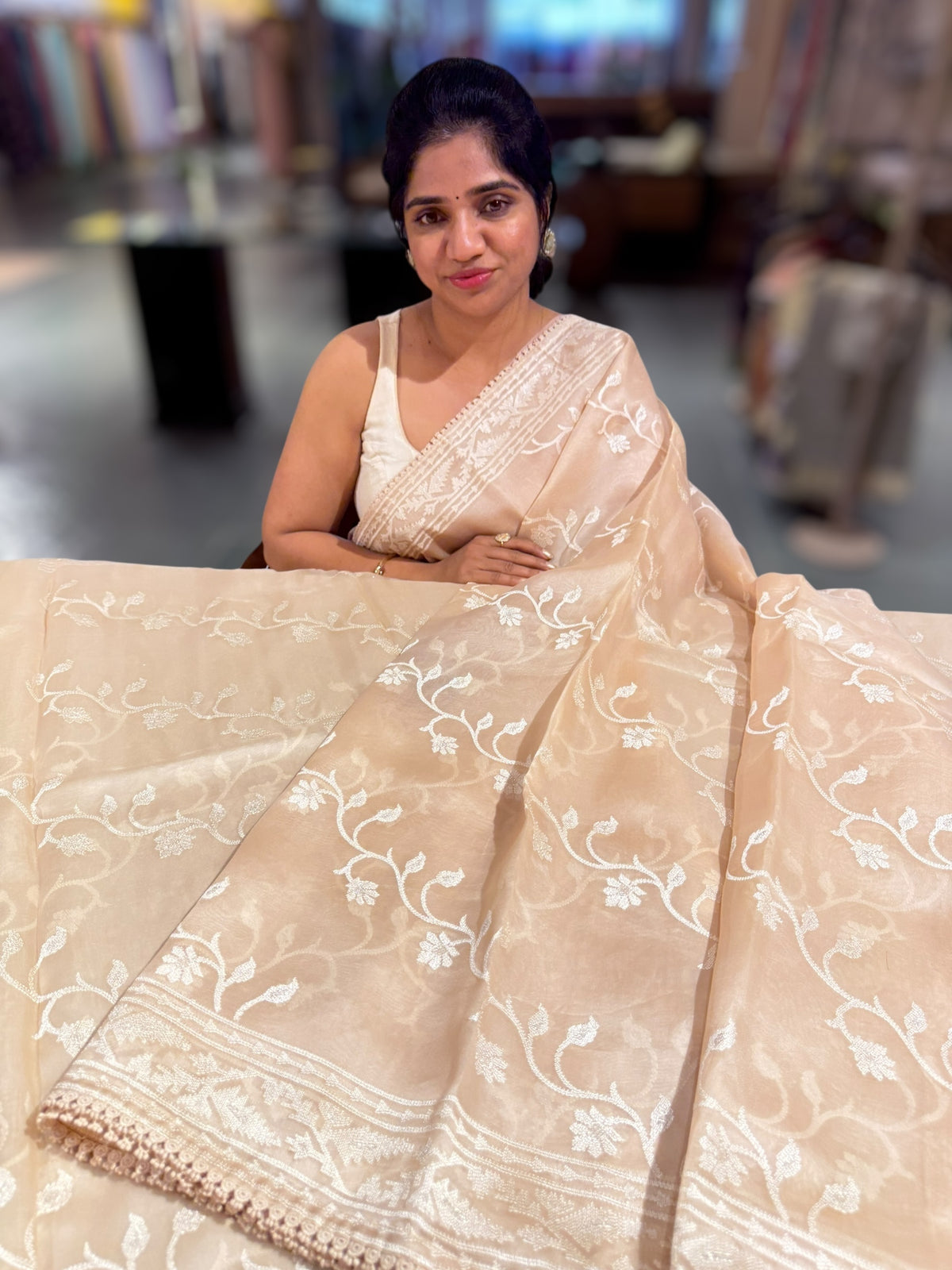 Beige Pure Organza with jamdani inspired embroidery