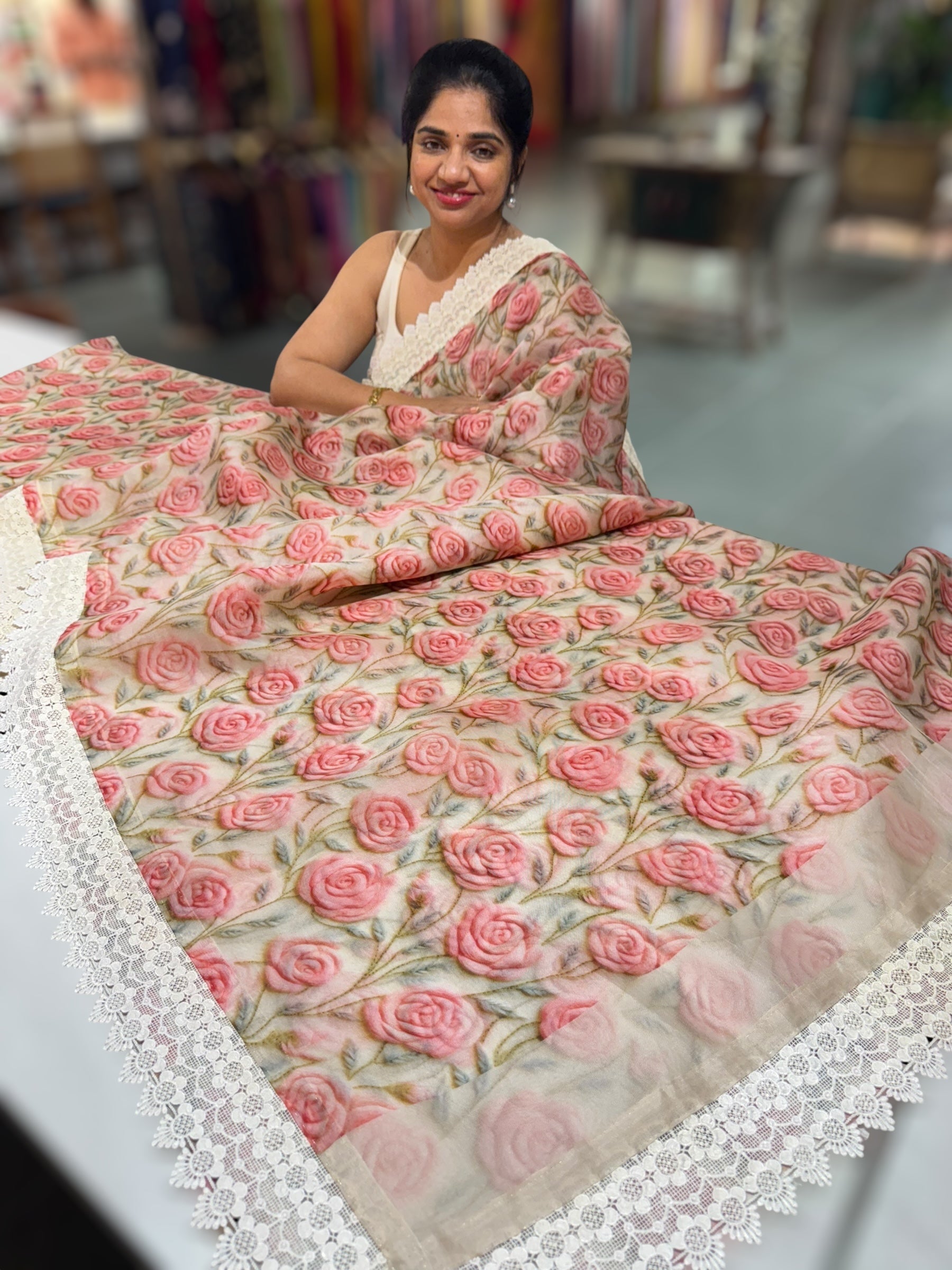 Ivory Organza 3D floral Printed Saree hemlined with crotia lace