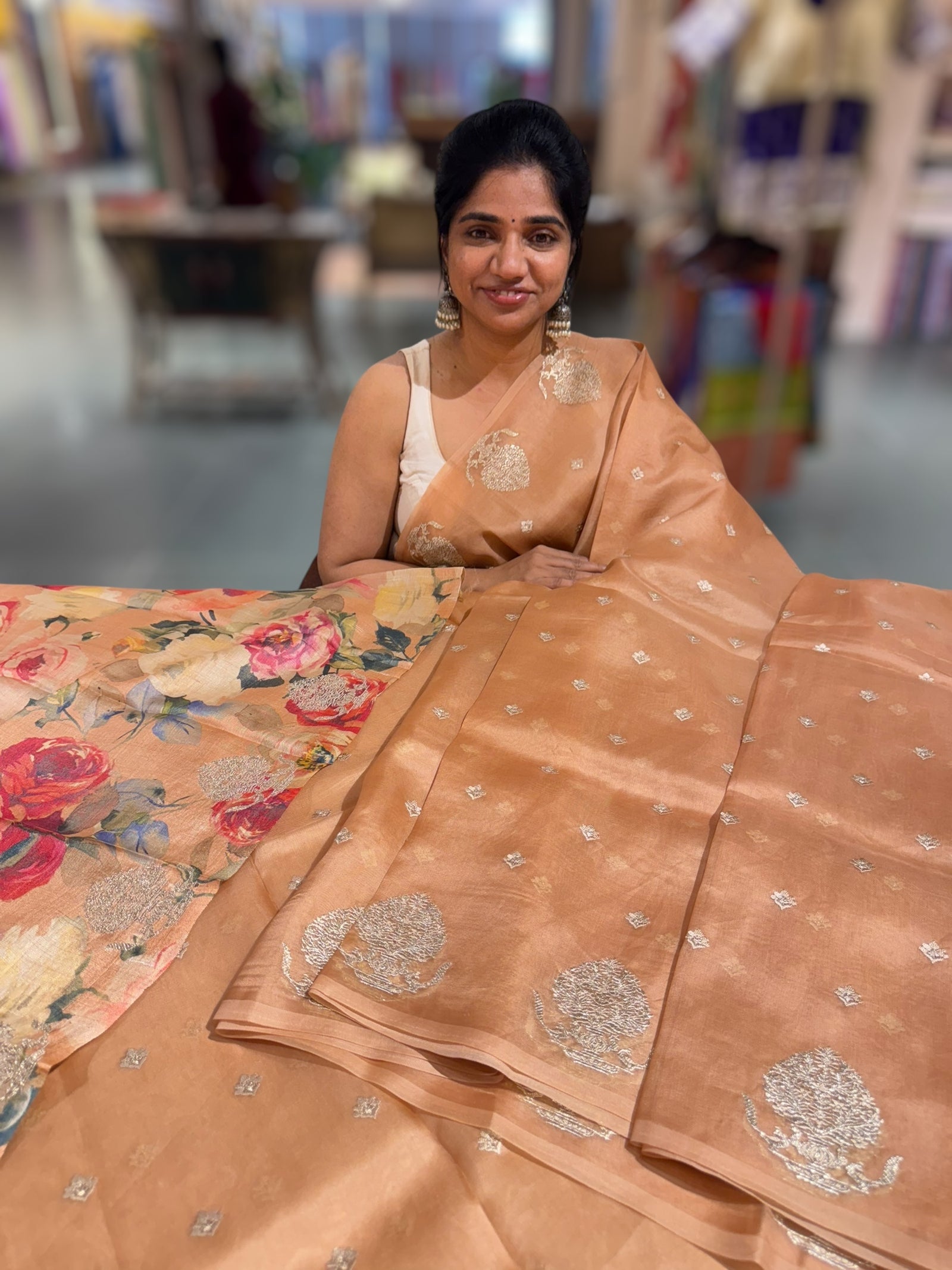 Peach Organza Saree With Embroidered Motifs & Tussar Printed Blouse