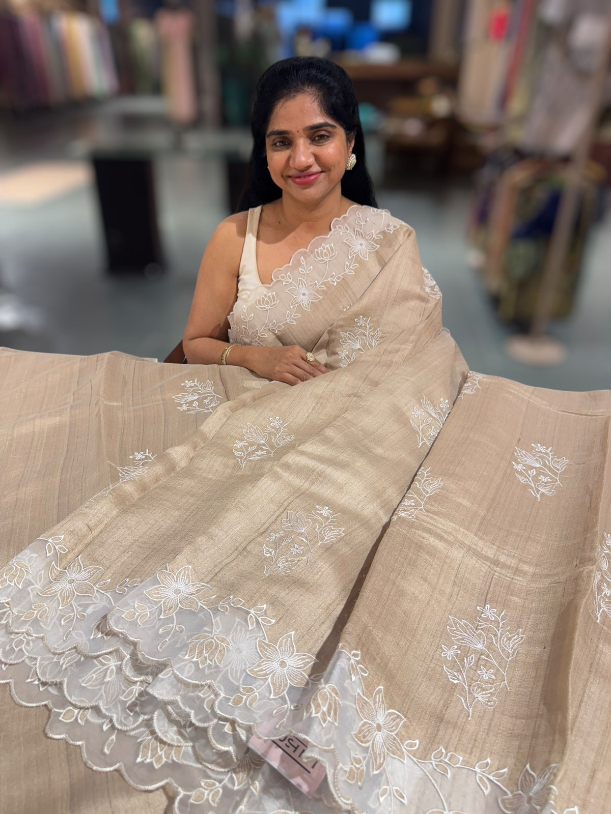 Chickoo Pure Handloom Tussar Saree with embroidery