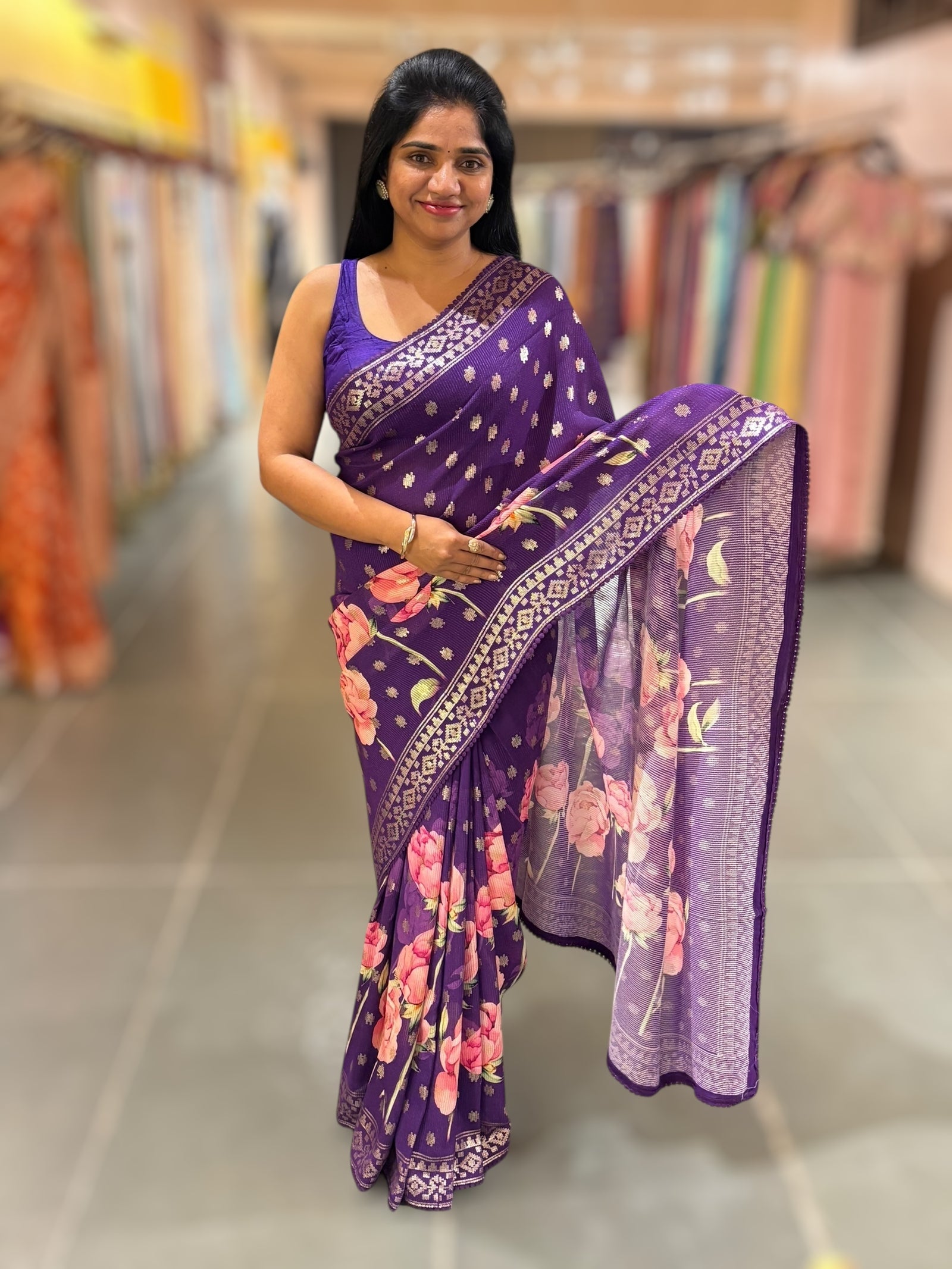 Brinjal georgette sequence saree with statement floral print