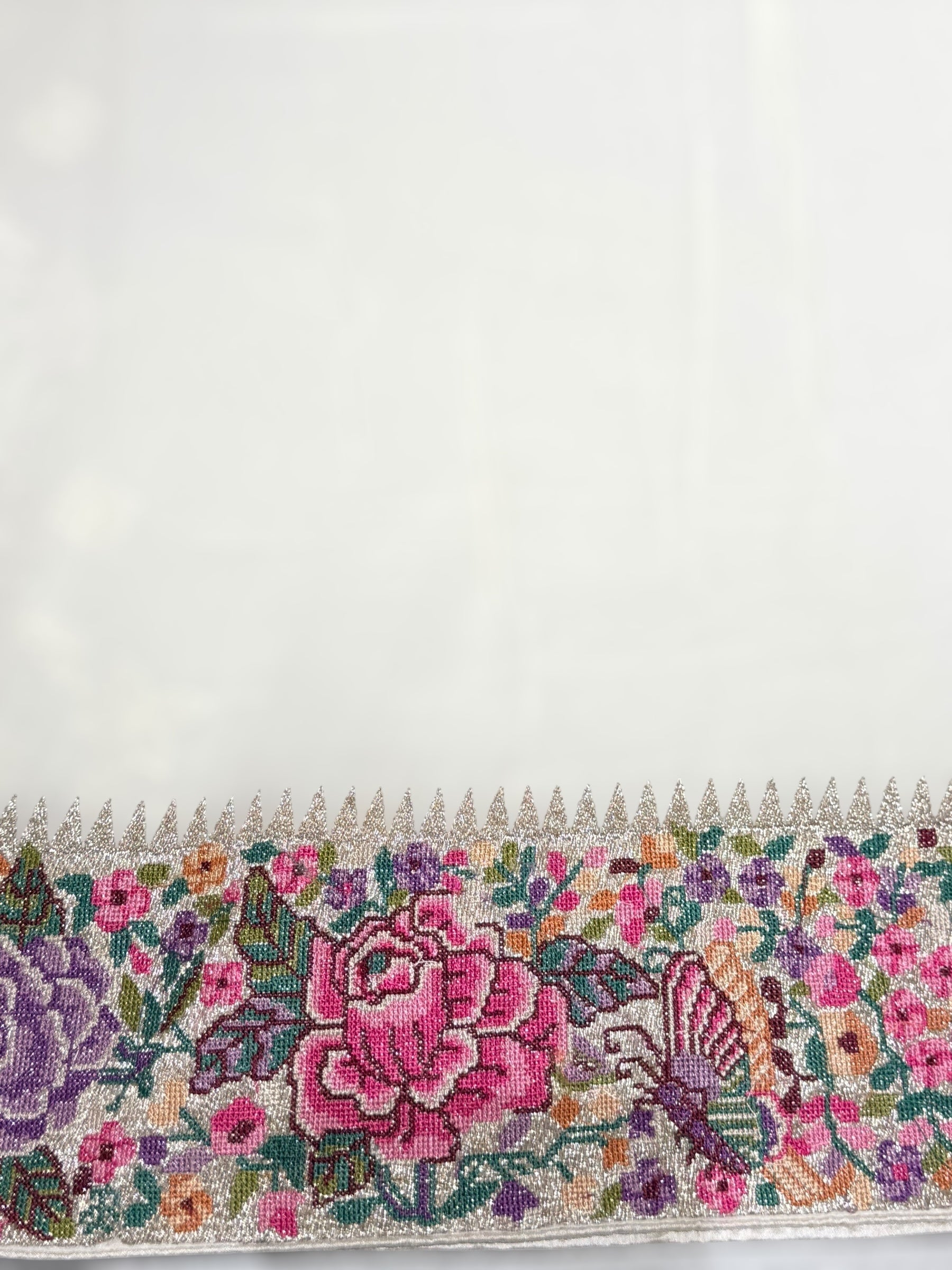 Halfwhite Georgette Saree with allover Chikankari Embroidery and Petite Point border