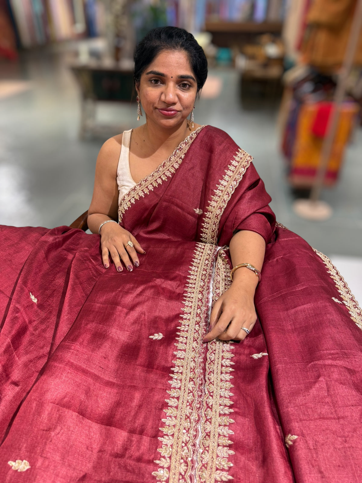 Maroon Pure Tussar Handwork Saree