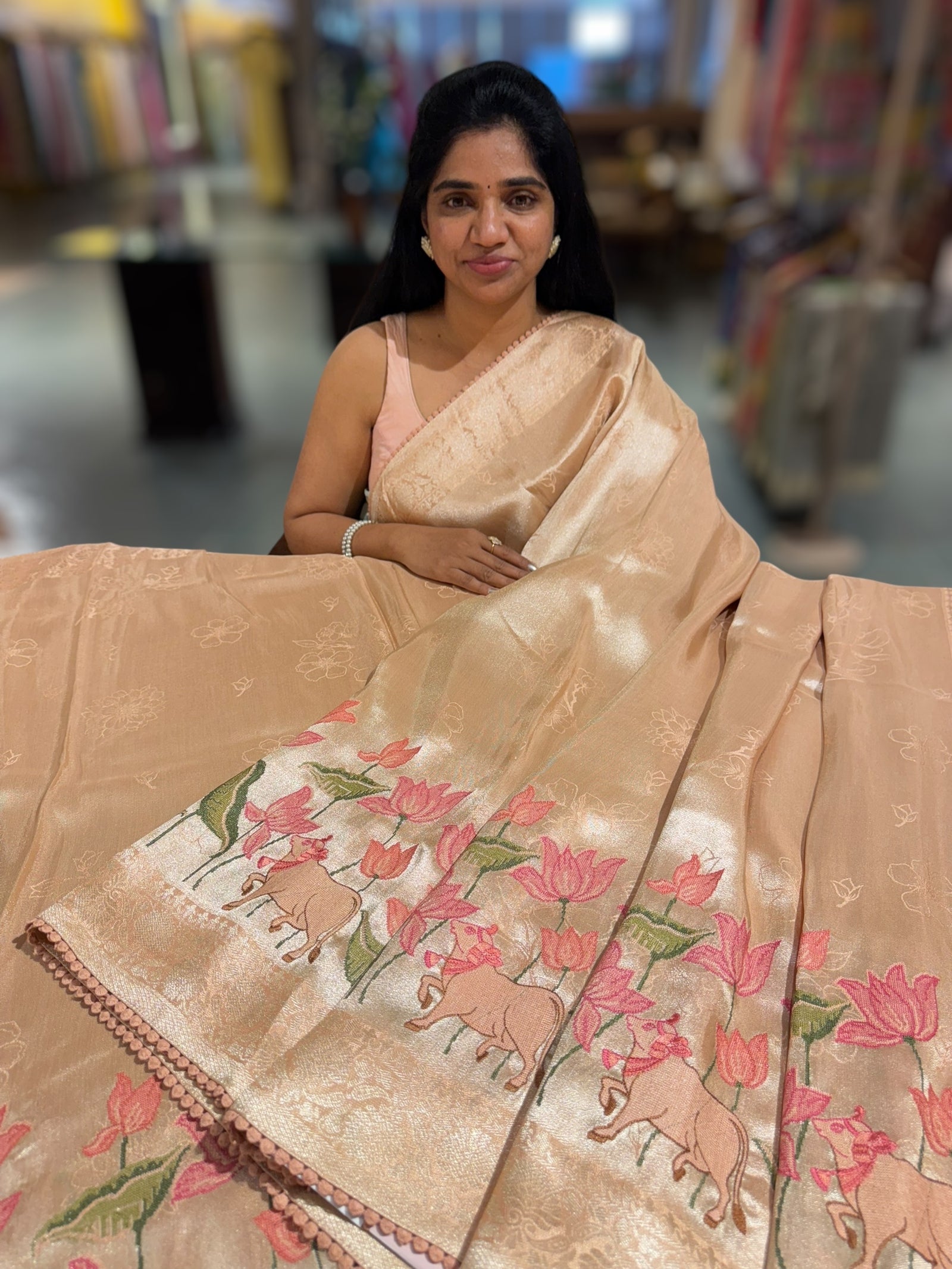 Peach Banarasi Brocade tissue saree with pichwai embroidery