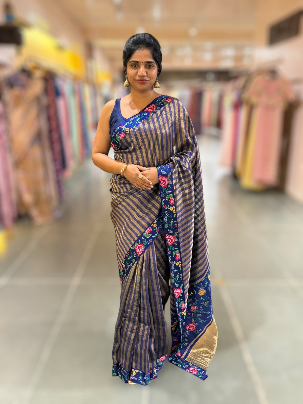Blue Banarasi Tissue stripes Saree with petite point embroidery