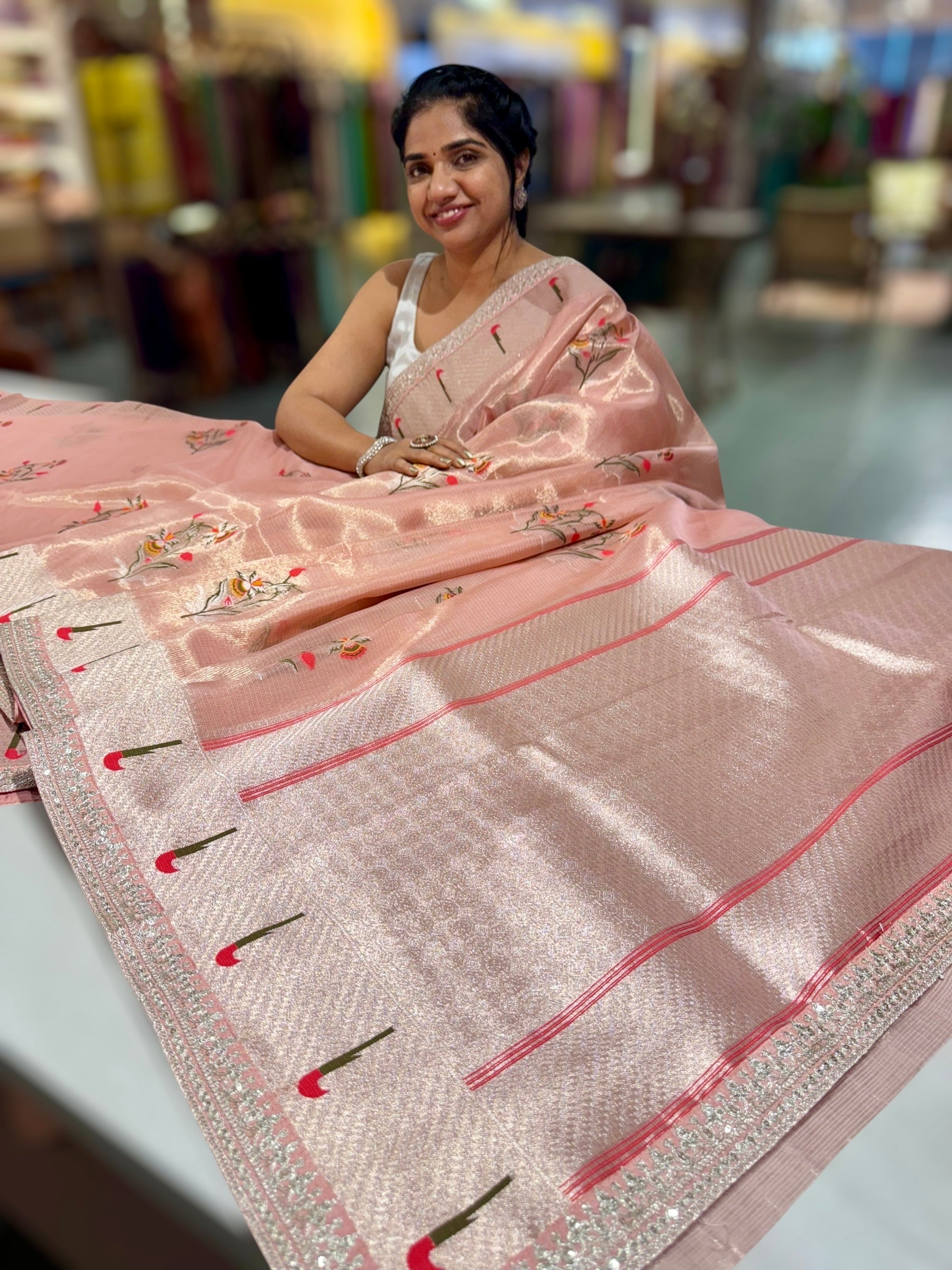 Peach Tissue Kota Saree With sabhyasachi Borders and Blouses