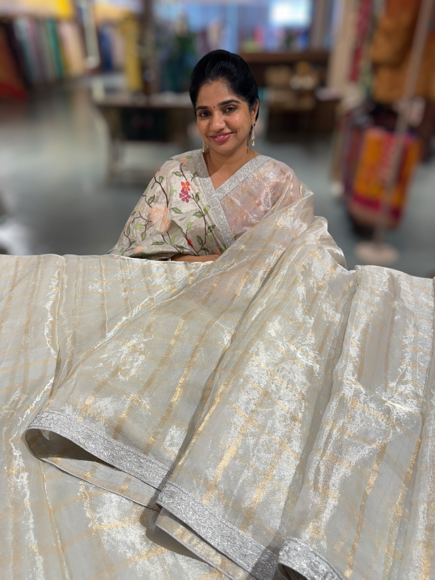 Silver Tissue Pure Handloom Tissue checks Saree with sabyasachi borders