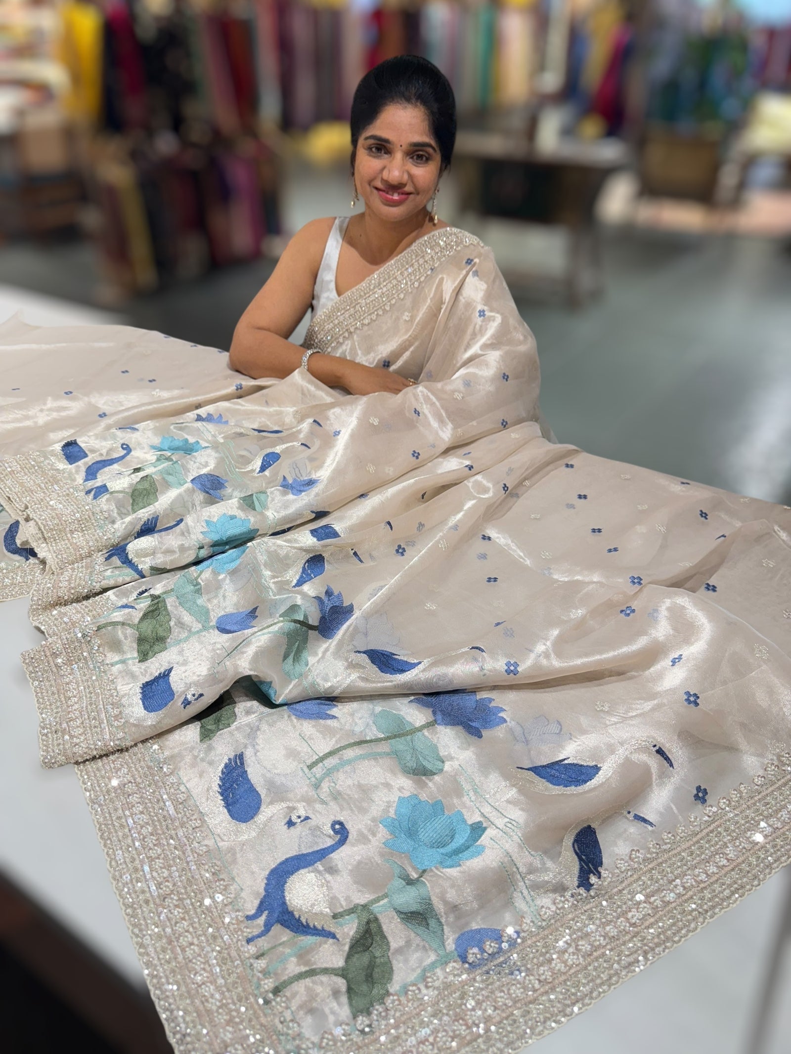 Silver Tissue Designer Saree with heavy handwork and embroidery