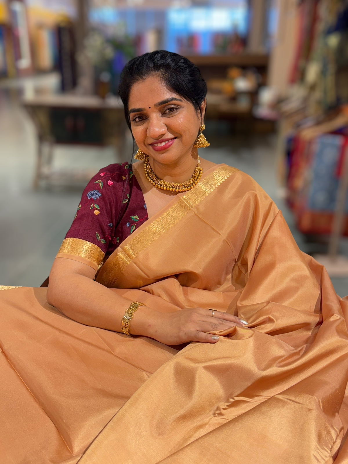 Beige Kanchi Vintage Saree with Petite Point Embroidered Blouse