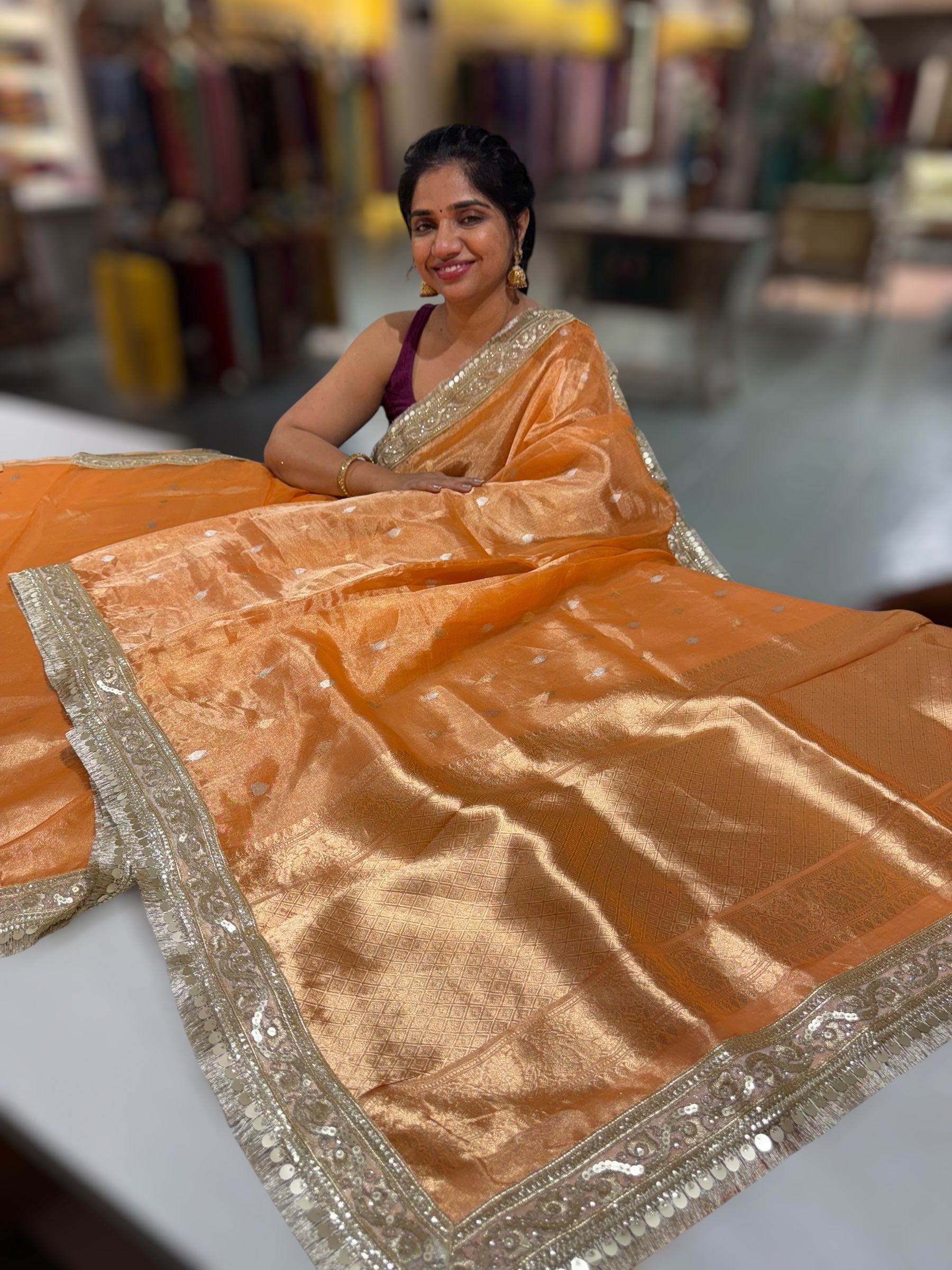 Light Orange Pure handloom Banarasi Tissue saree