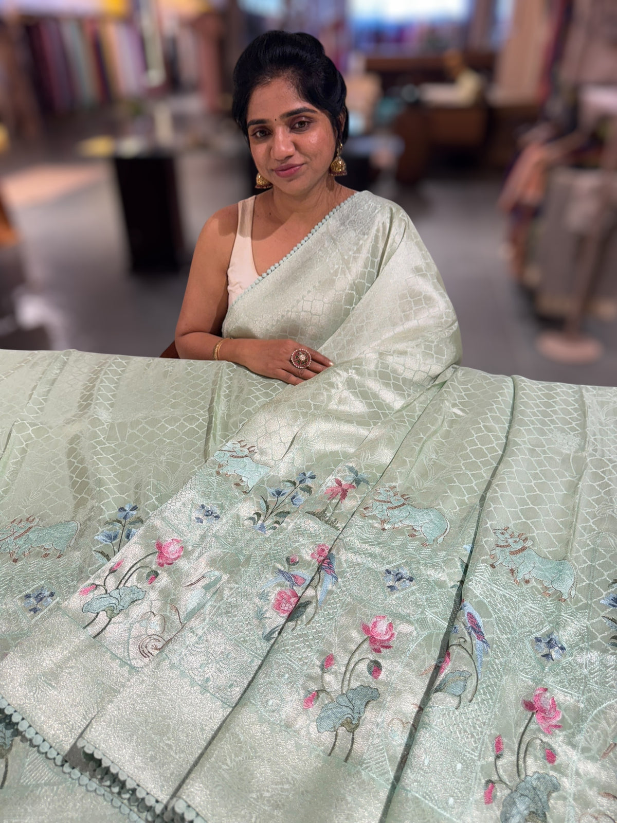 Mint Fancy Banarasi saree with embroidery