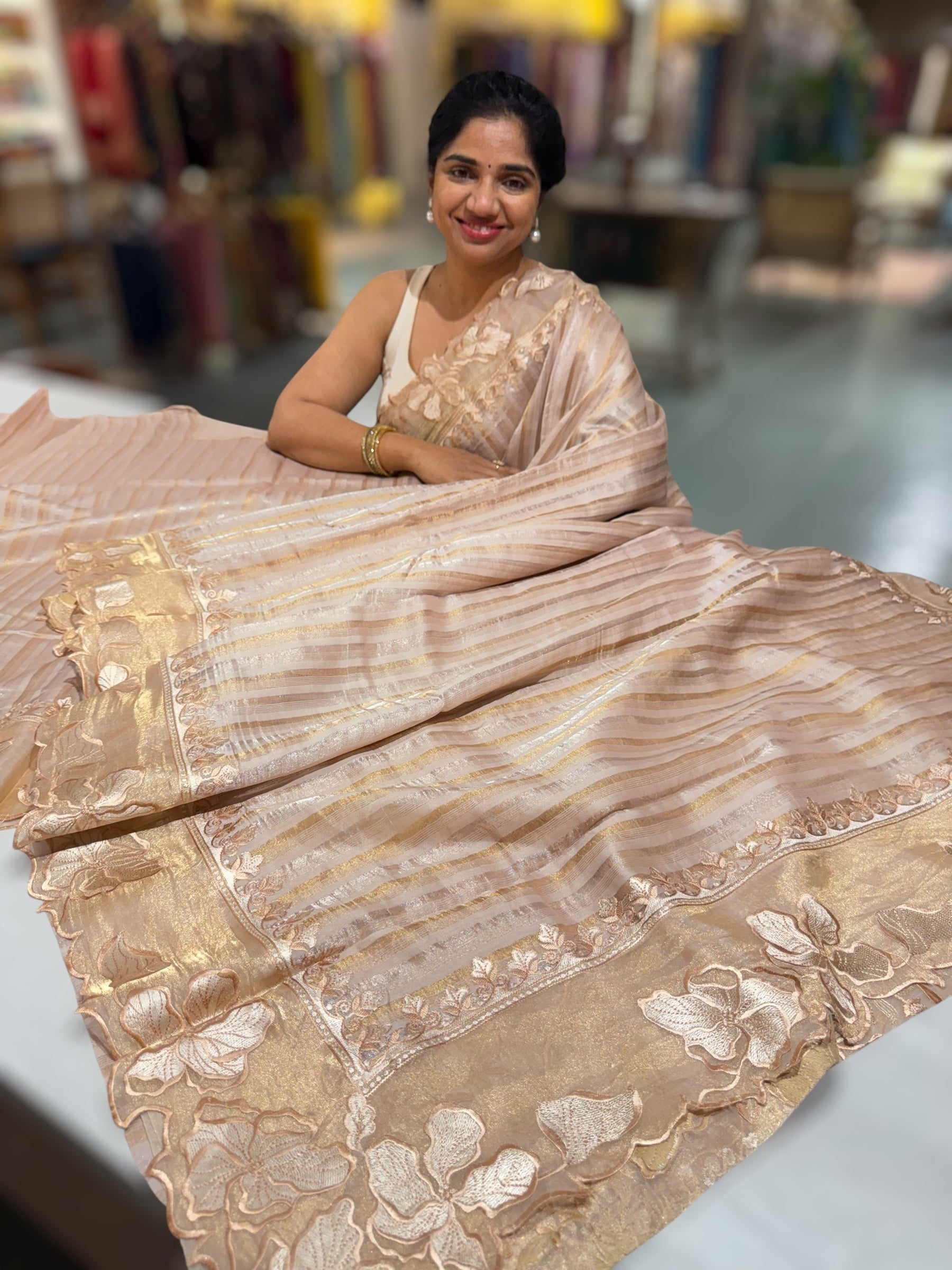 Golden Beige Mul Tissue Stripes Saree With Tissue Cutwork  Border & Blouse