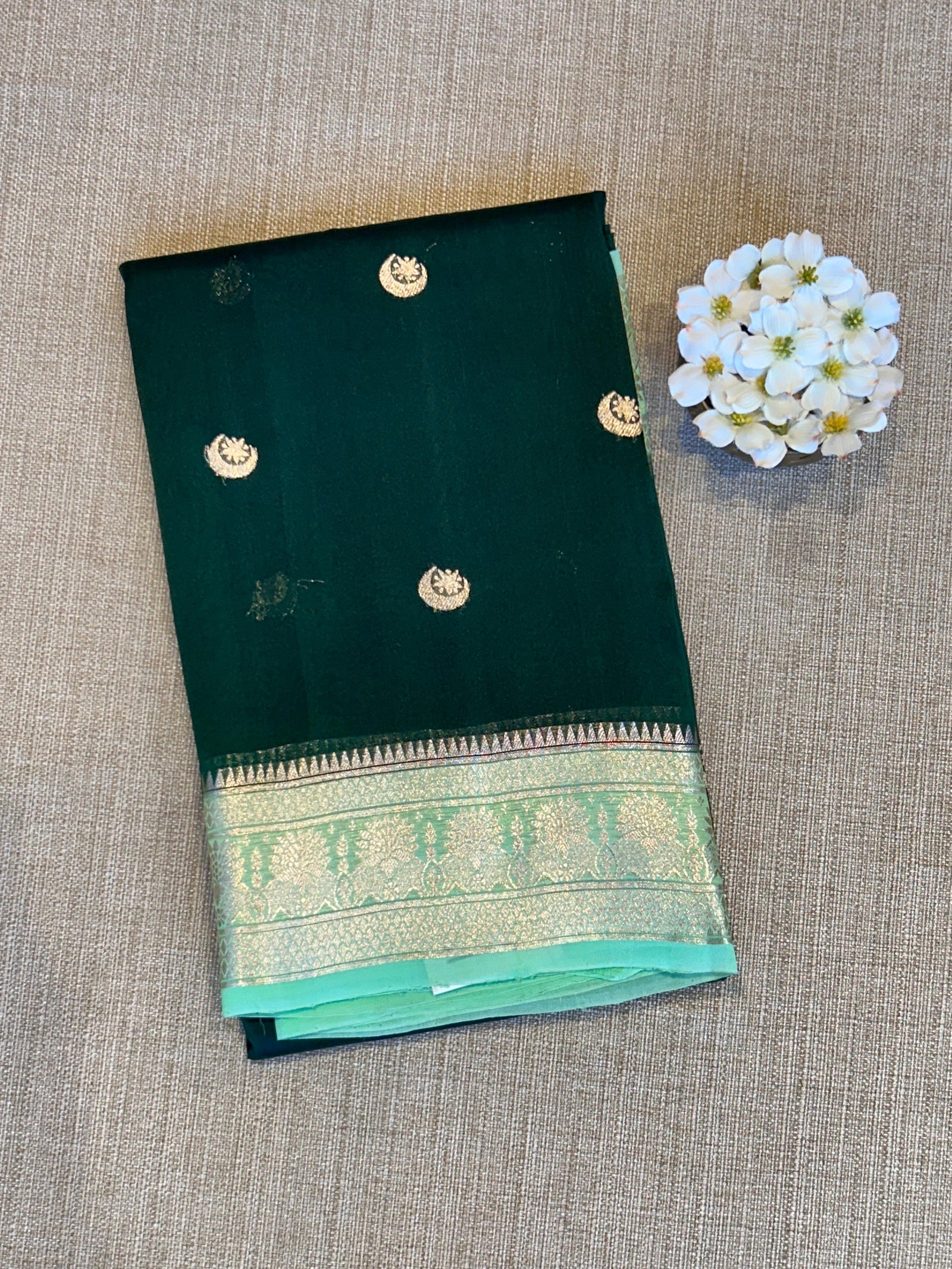 Bottle Green & Sea Green Combo Pure Handloom premium Kora Banarasi Saree