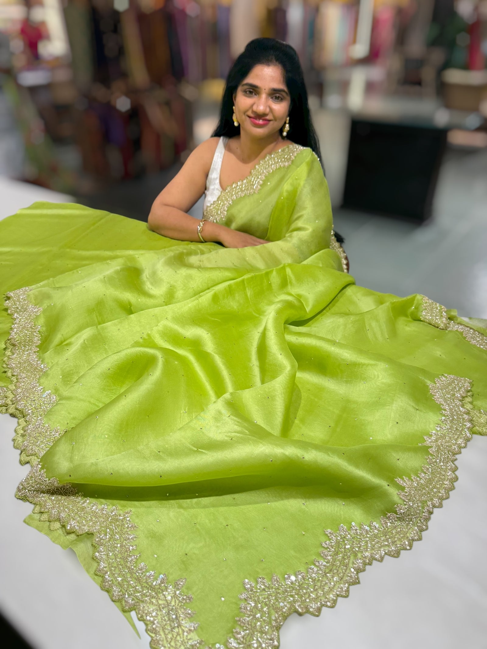 Apple Green Pure Organza Handwork Saree with heavy Designer Blouse