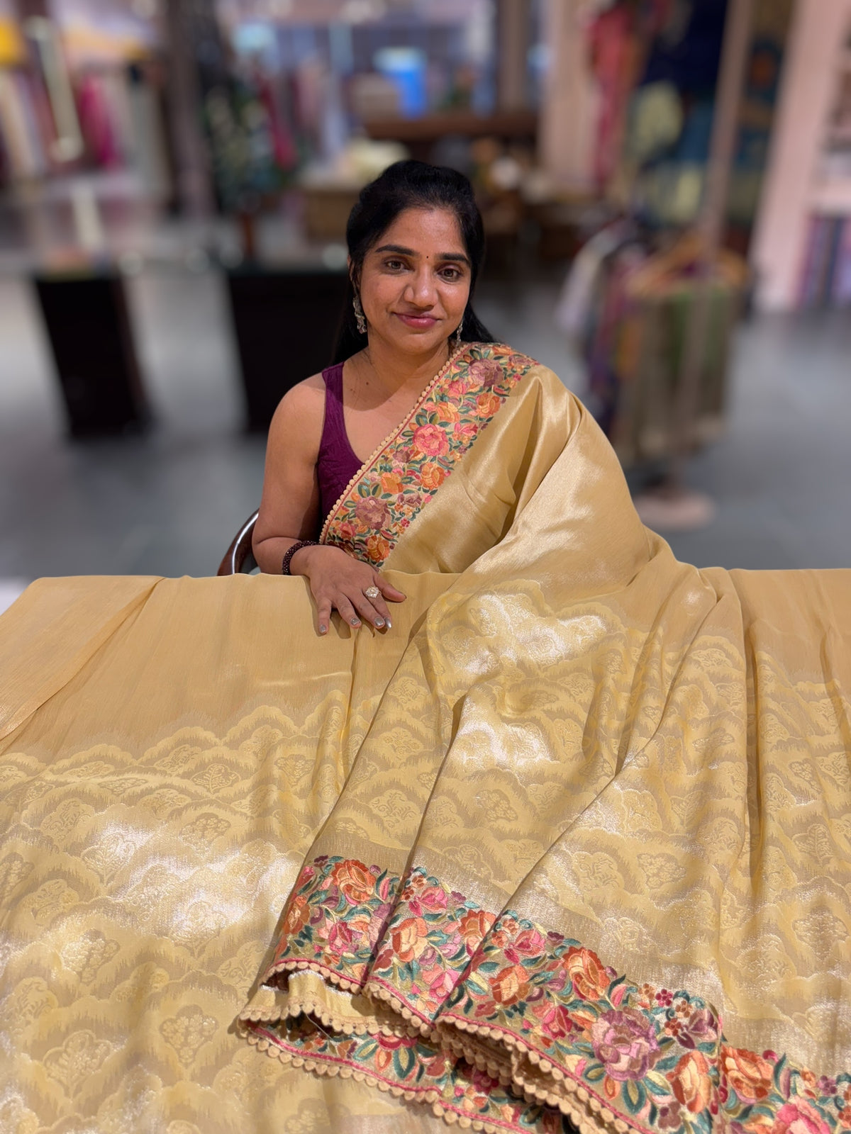 Pastel yellow Banarasi Brocade tissue saree with tonchui style weaving and parsi gara embroidered border