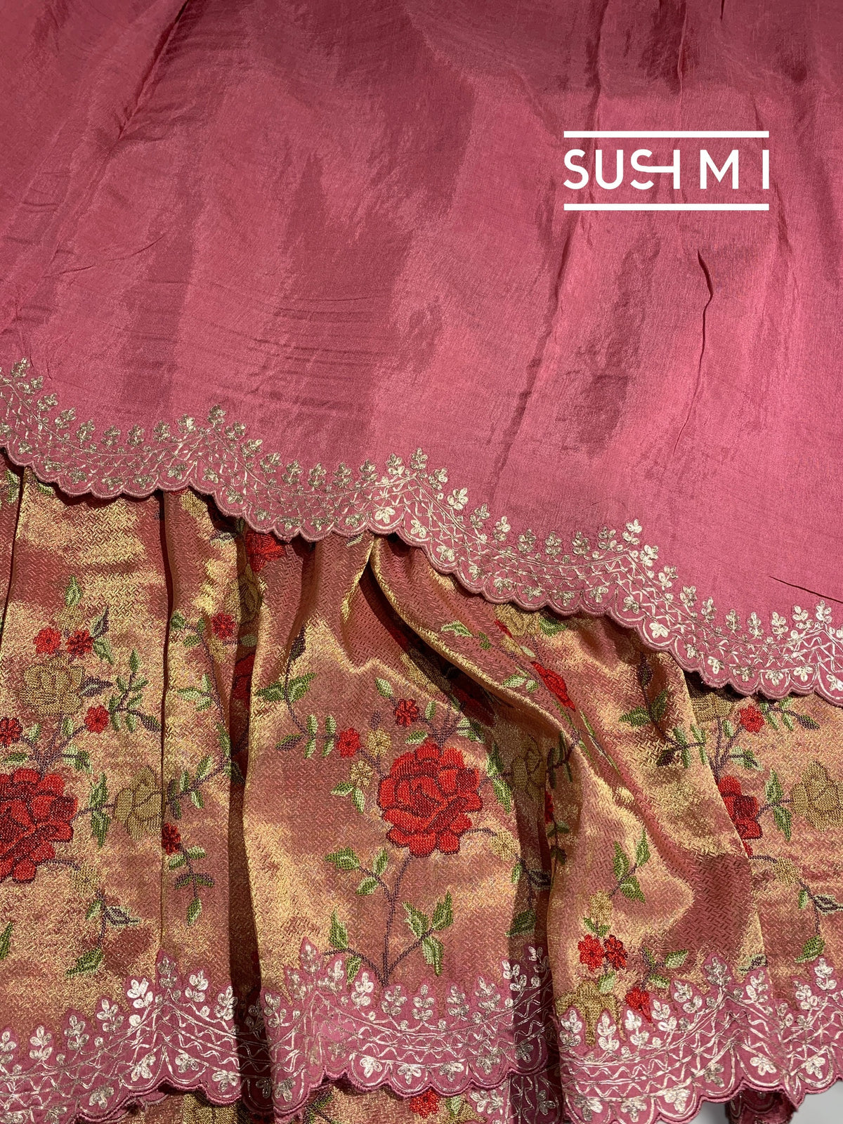 Peach Pink Designer Banarasi Brocade Tissue Saree S62113