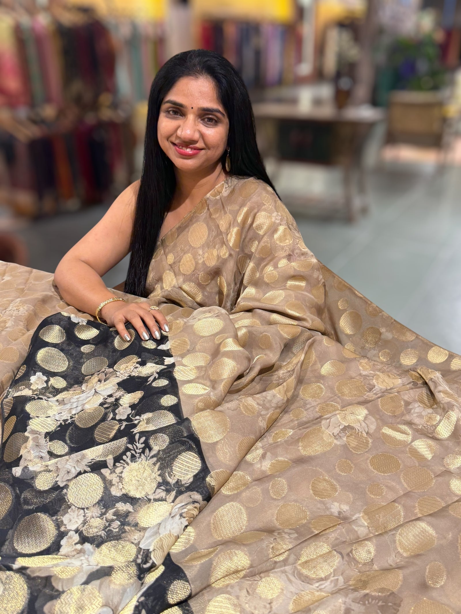 Chikoo Banarasi Kora Gorgette Polka dot Printed Saree