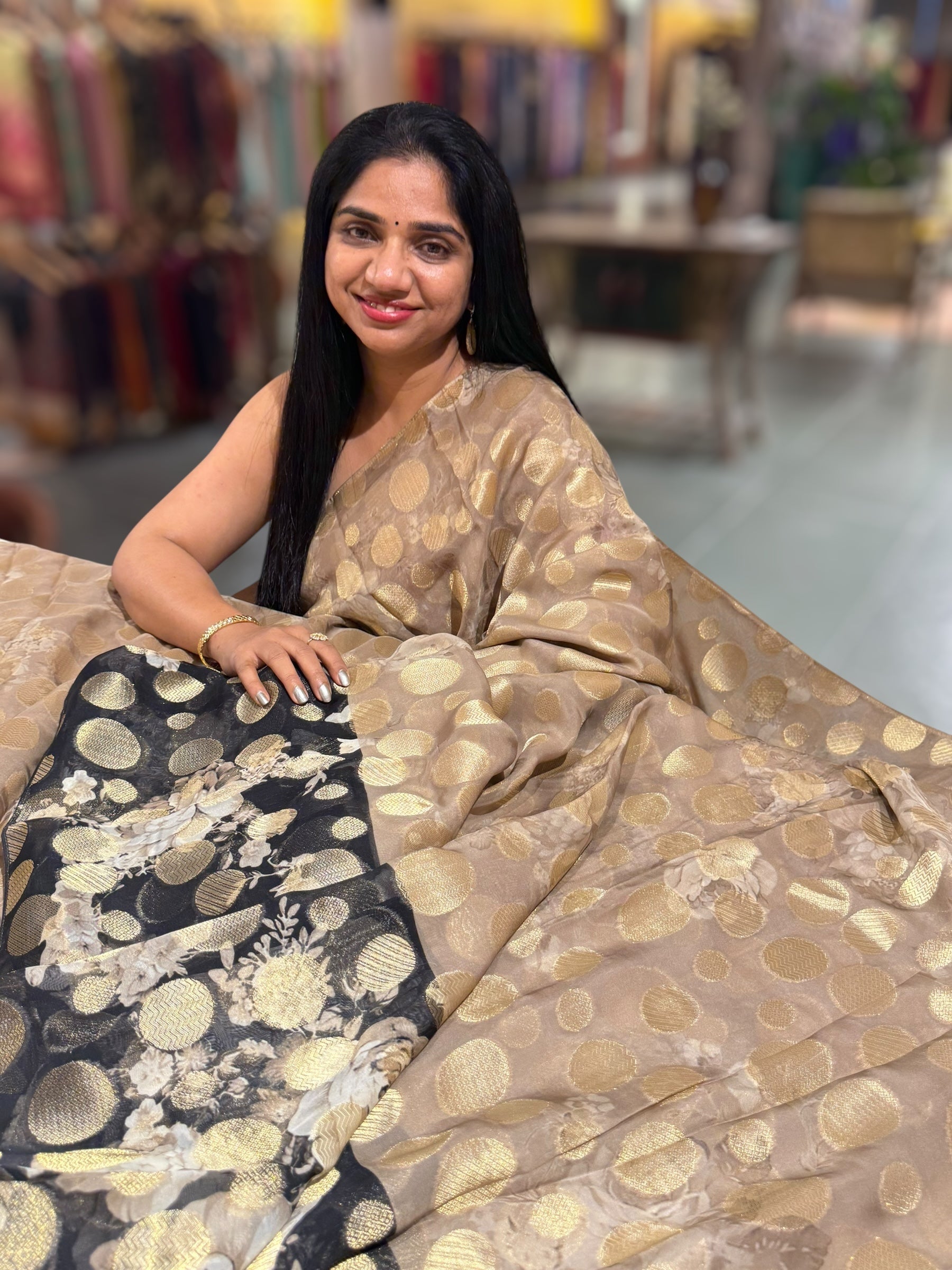 Chikoo Banarasi Kora Gorgette Polka dot Printed Saree
