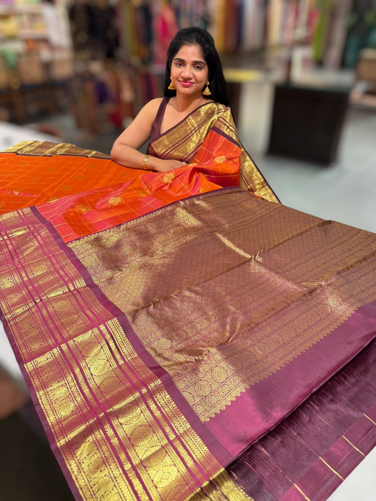 Rust Orange &amp; winish Brown Combo Vintage Checks Kanjeevaram Saree