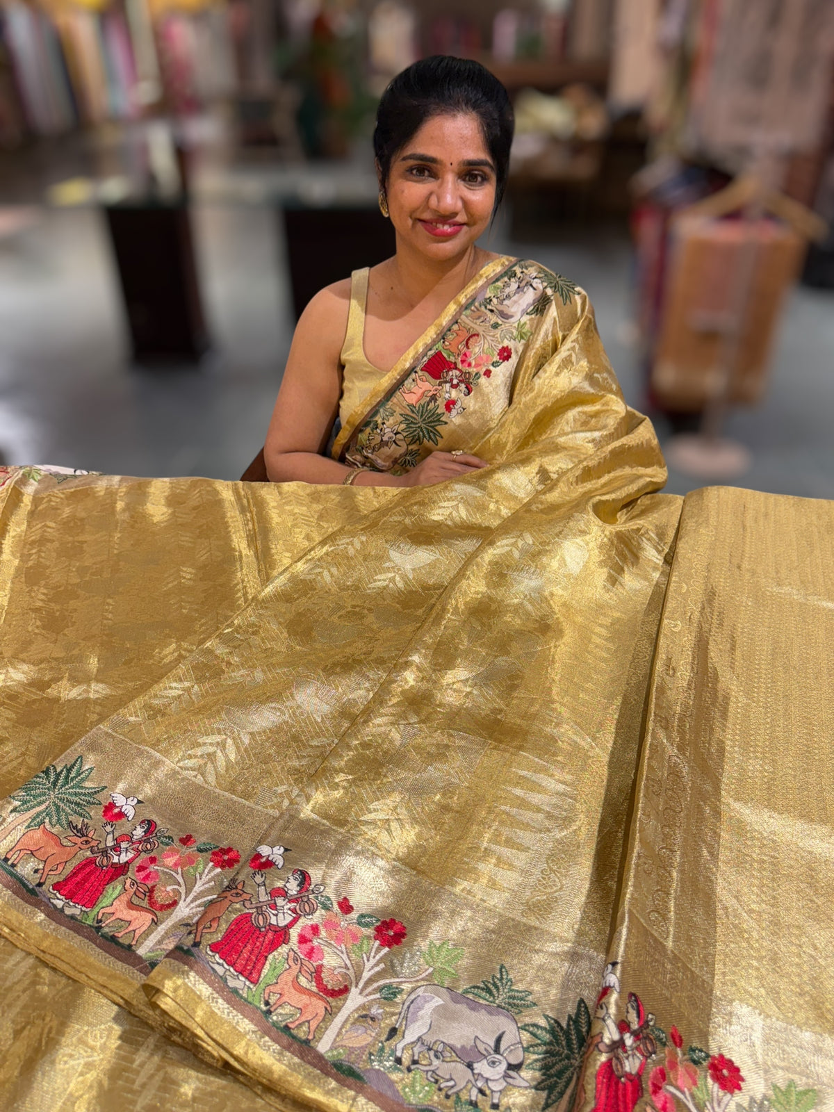 Gold Kanjeevaram Saree with Village Theme Embroidery
