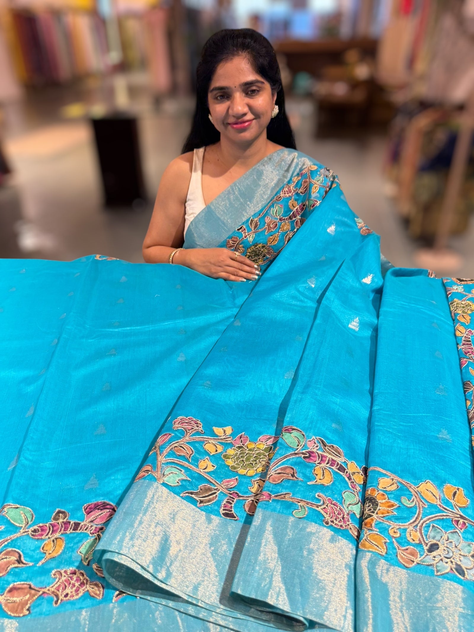 Copper sulphate chanderi silk saree with kalamkari applique border
