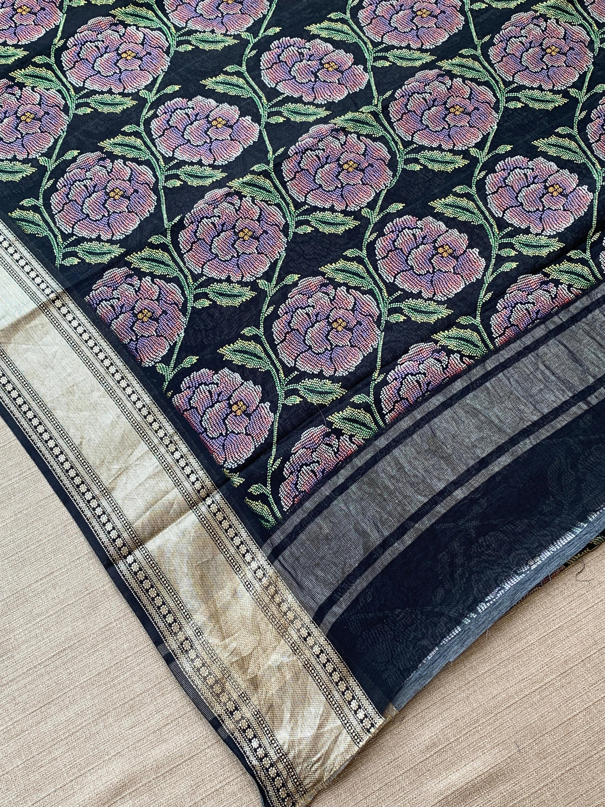 Black Pure Handloom Chiniya Silk Saree with stunning Floral Print and zari borders