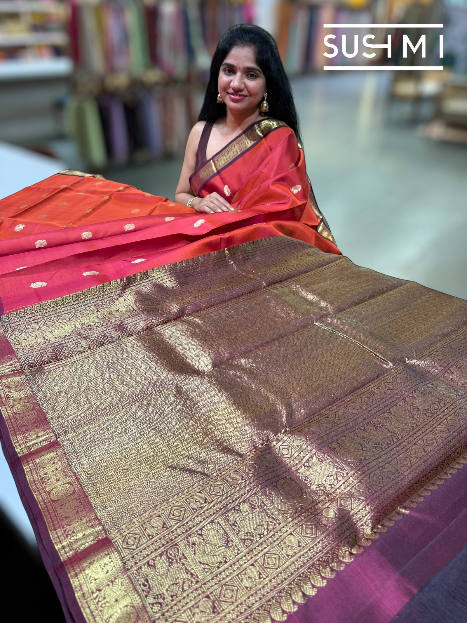 Rust Orange & Winish Brown Vintage Kanjeevaram Saree : S62F121