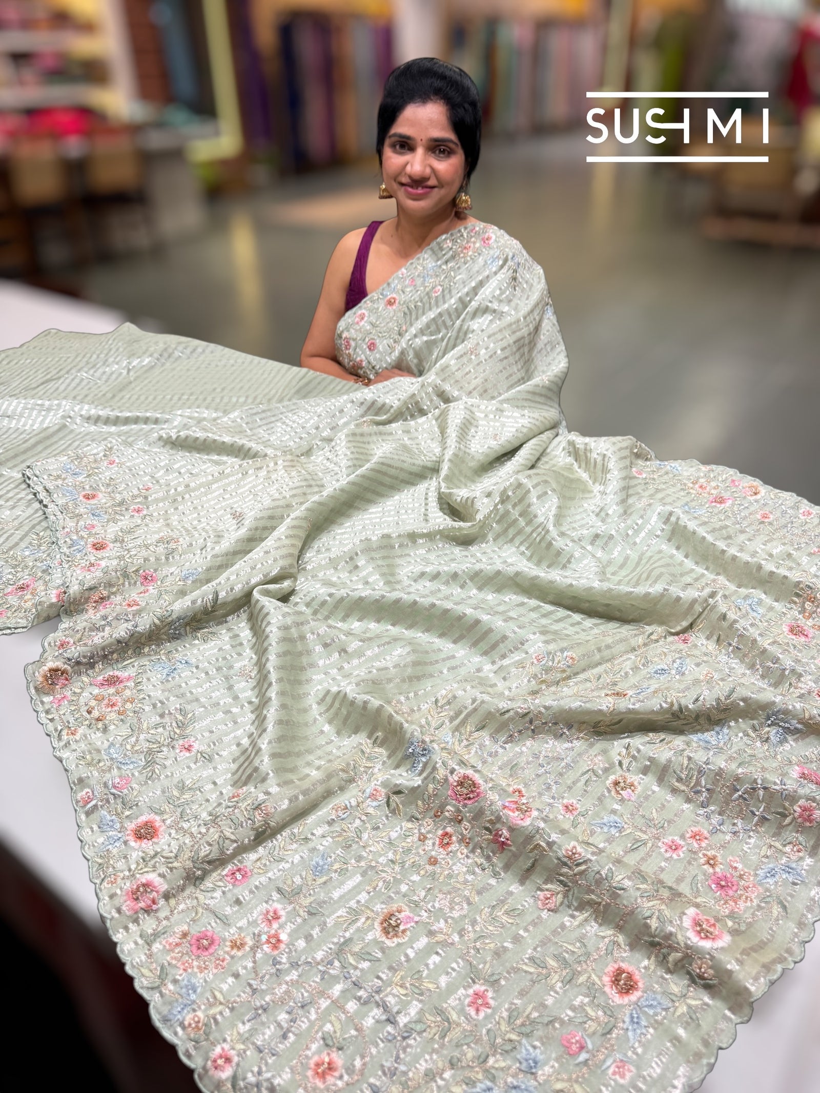 Mint mul tissue Saree with handcrafted floral border : SM024