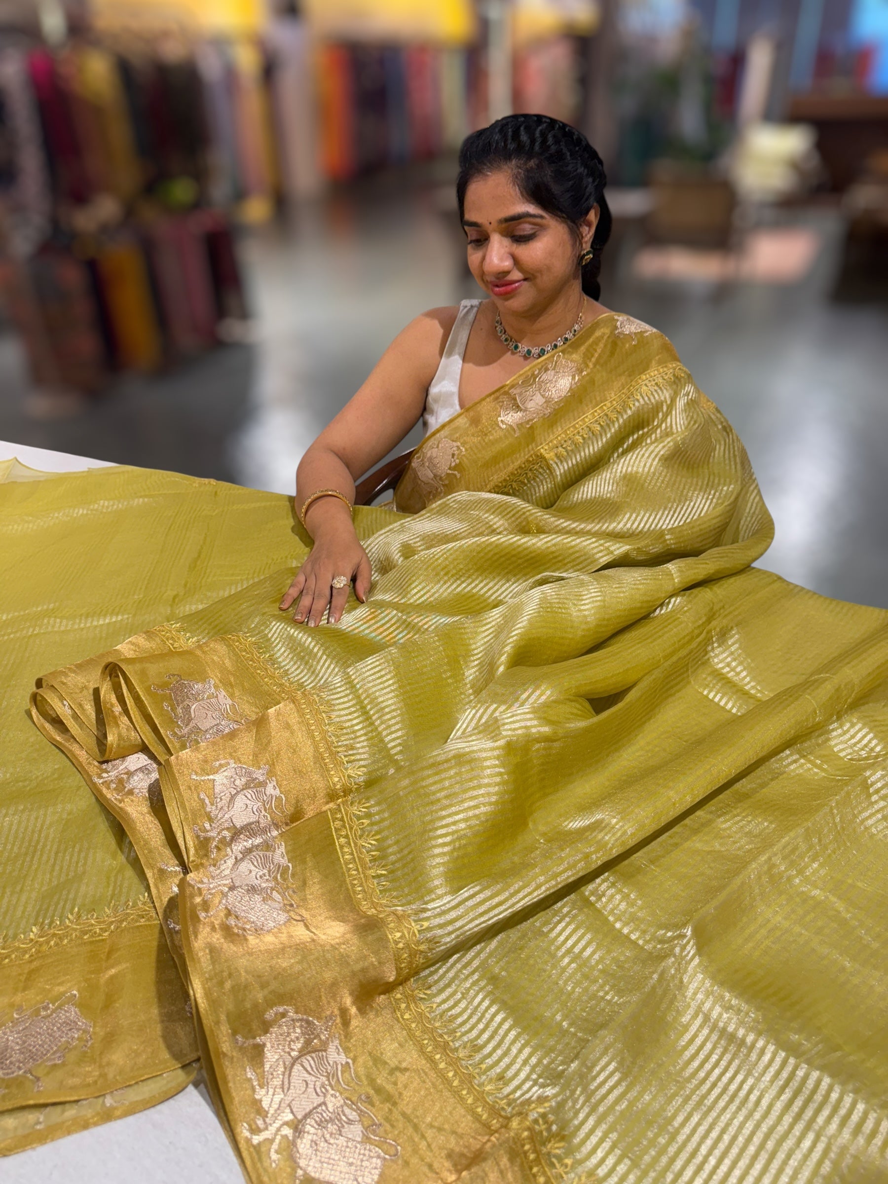 Lime Green Kora tissue stripes Saree with Nandi embroidered tissue border