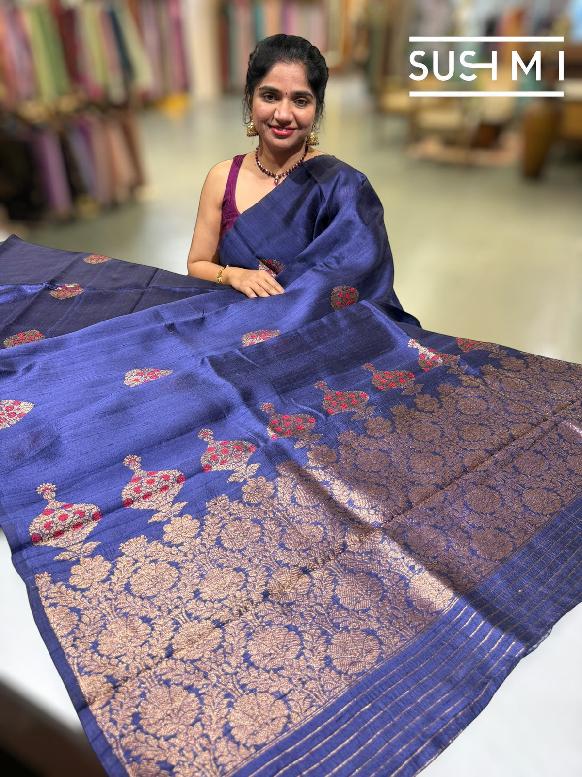 Midnight Blue Banarasi Handloom Dupion Rawsilk Saree : S62F109