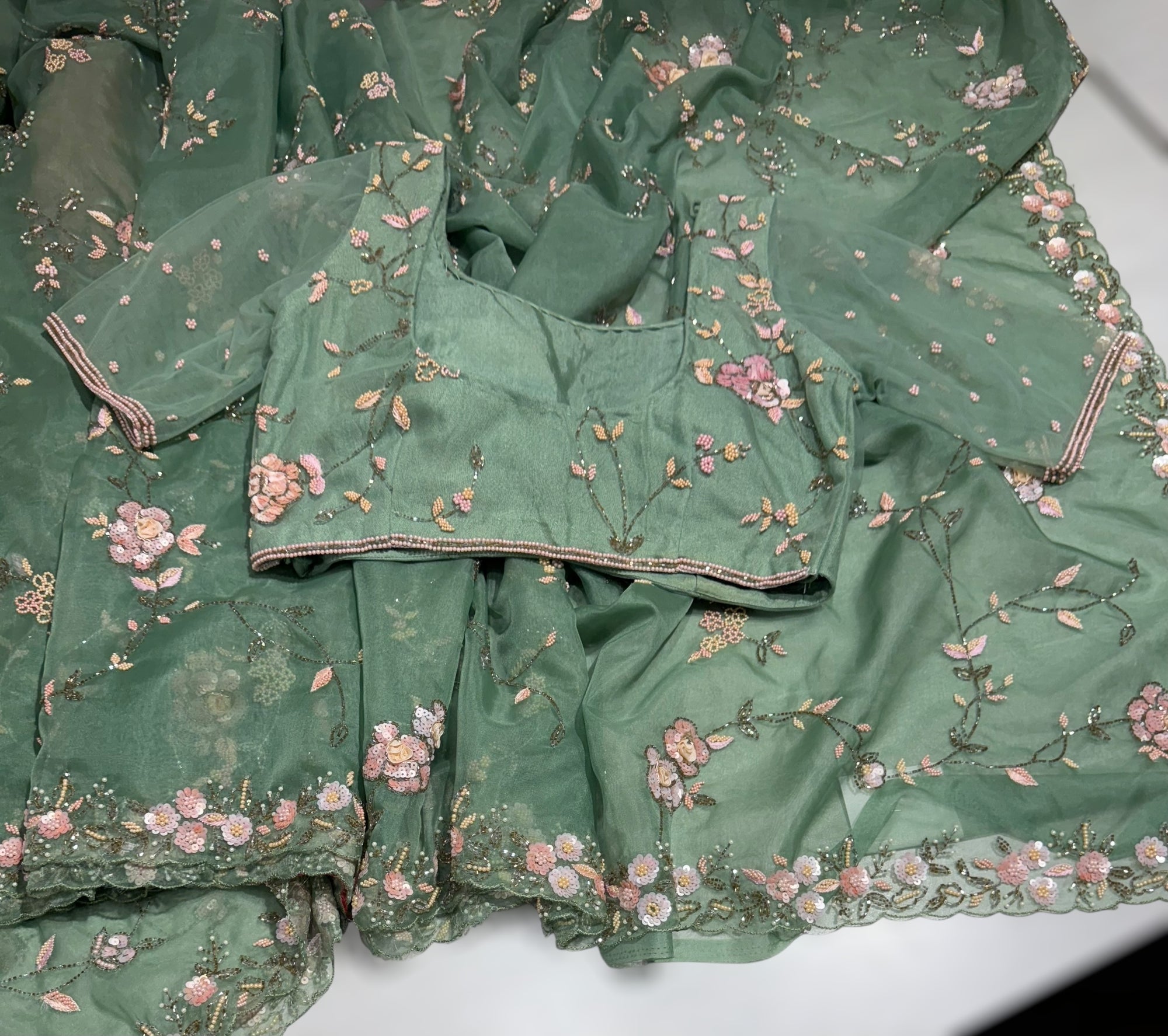 Sage Green Organza allover heavy handwork saree with ready to wear blouse