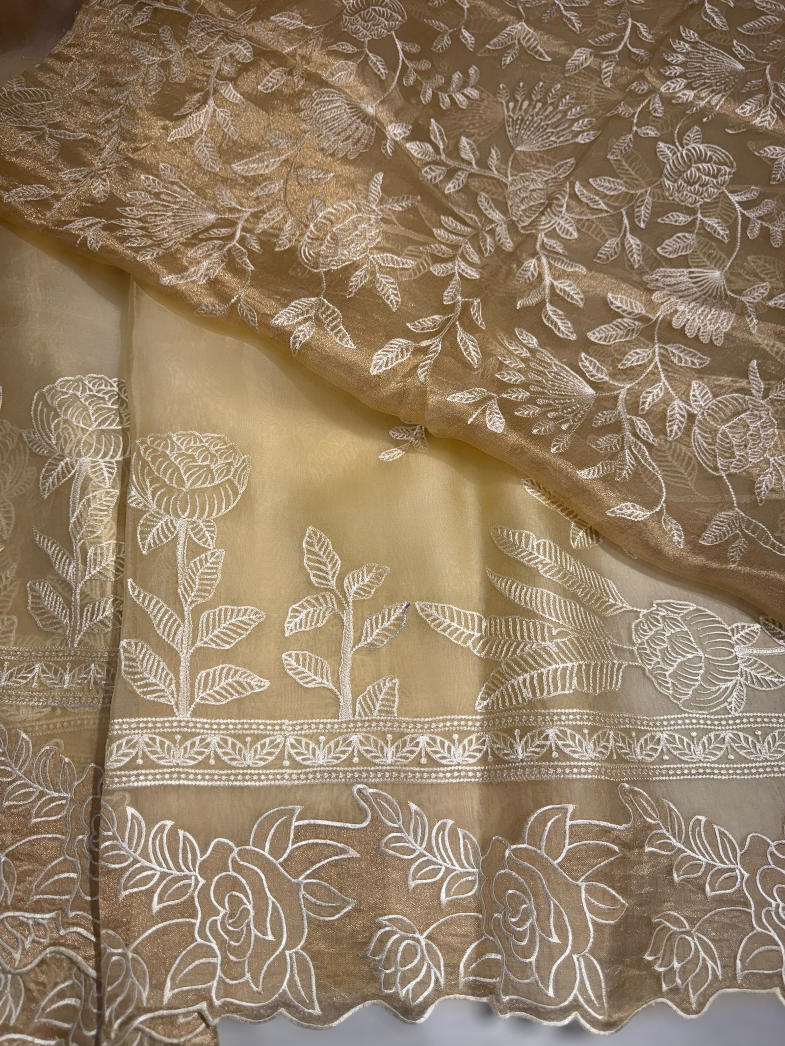 Pastel Yellow Organza saree with heavy embroiderey