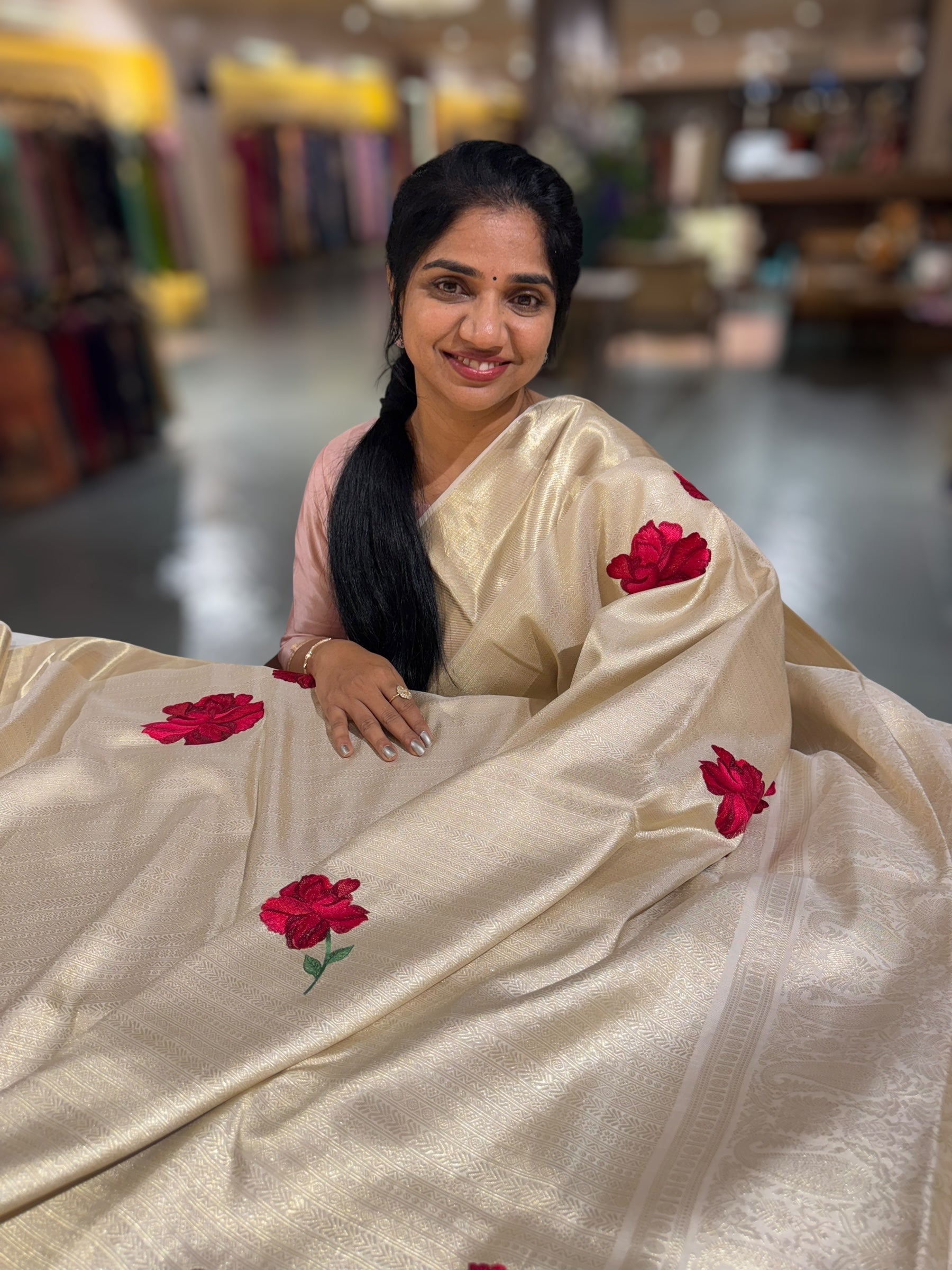 Ivory Banarasi Brocade Kanjeevaram Saree With Hibuscus Floral bunches embroidery