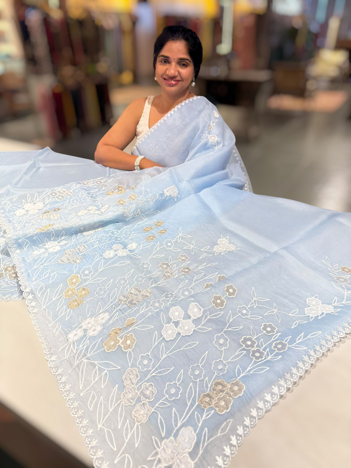 Light Cobalt Blue Organza Saree With Tissue Applique Work