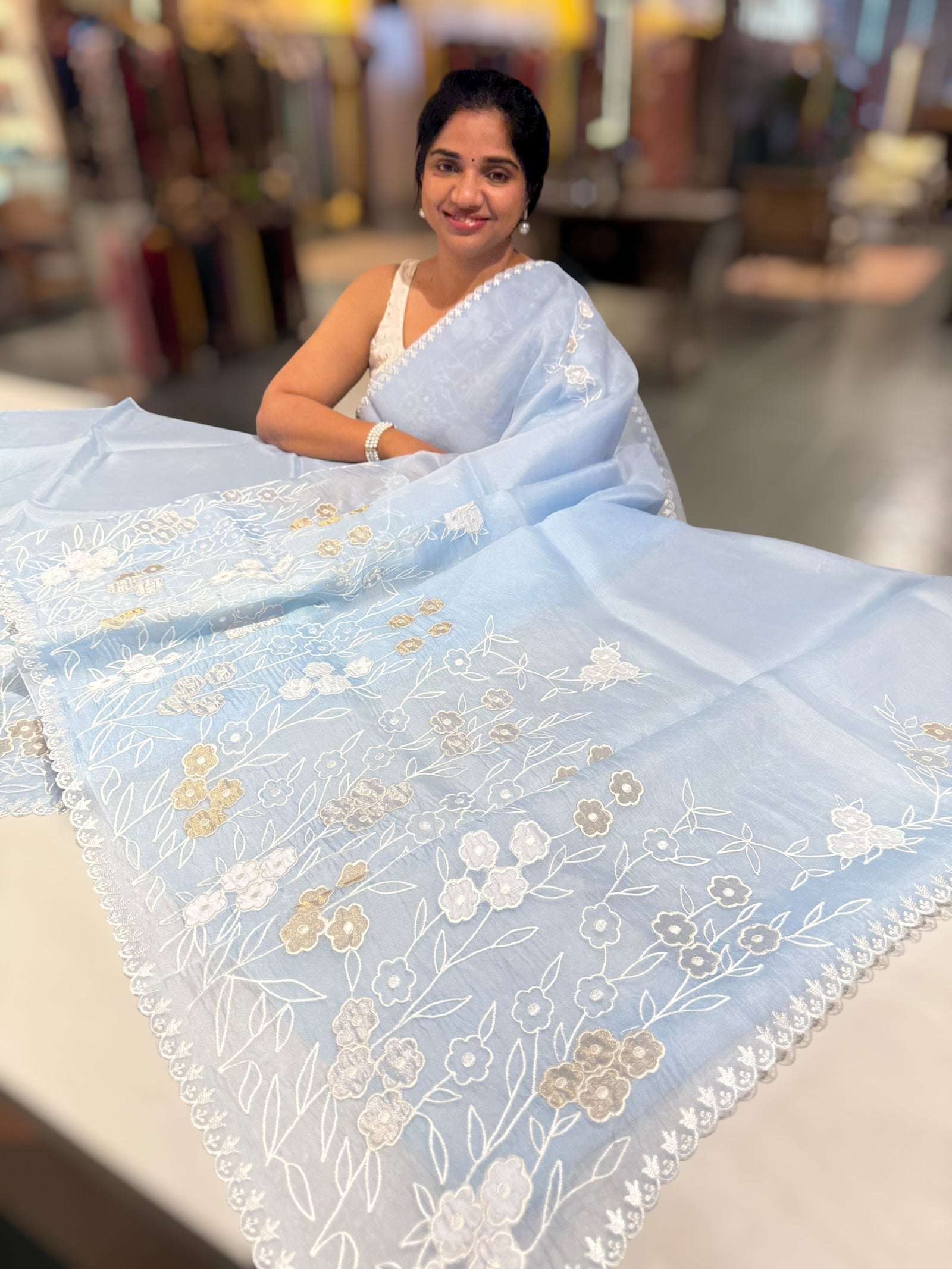 Light Cobalt Blue Organza Saree With Tissue Applique Work