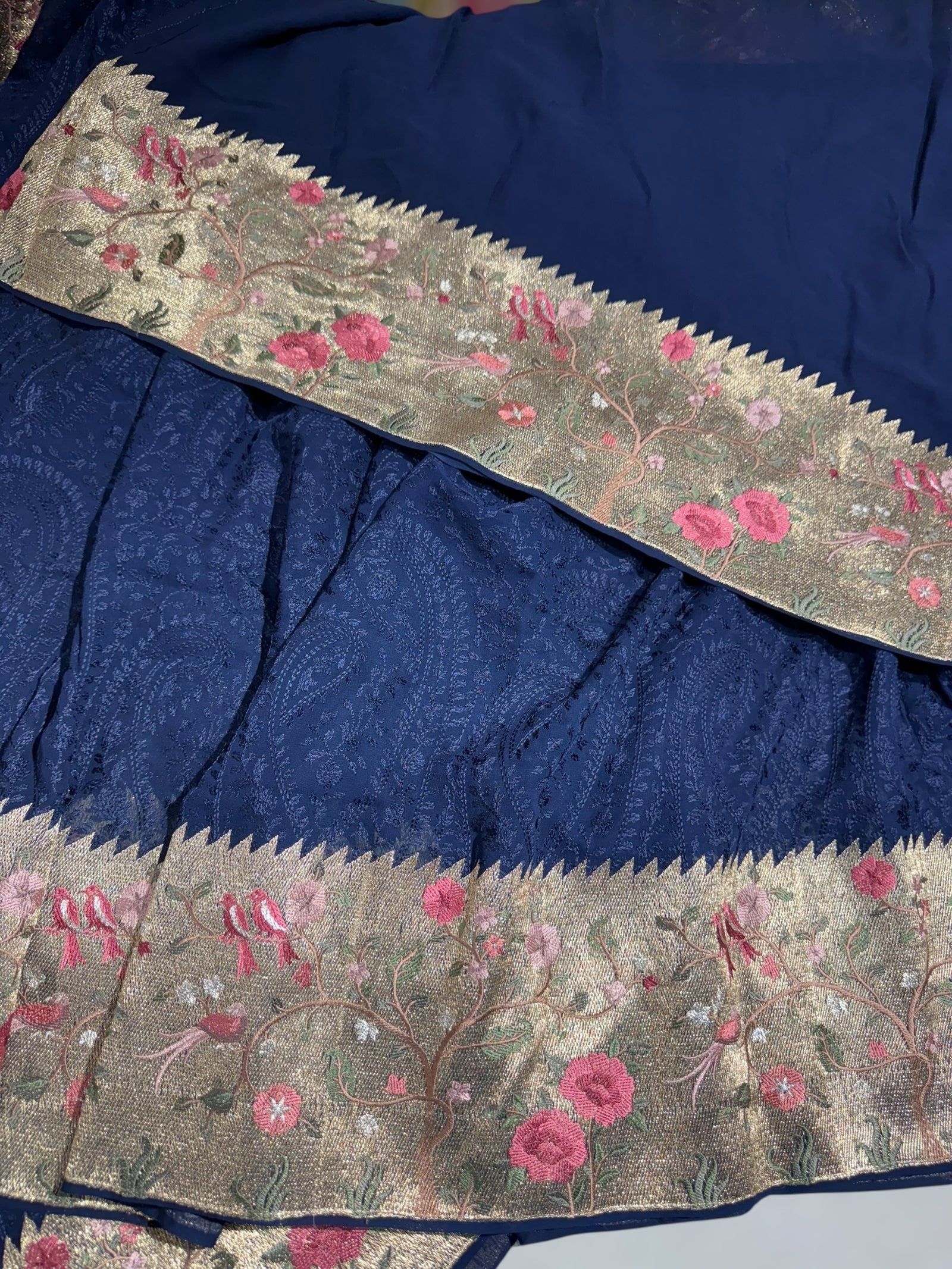 Midnight Blue Chikankari Georgette Saree with Tissue embroidered Border