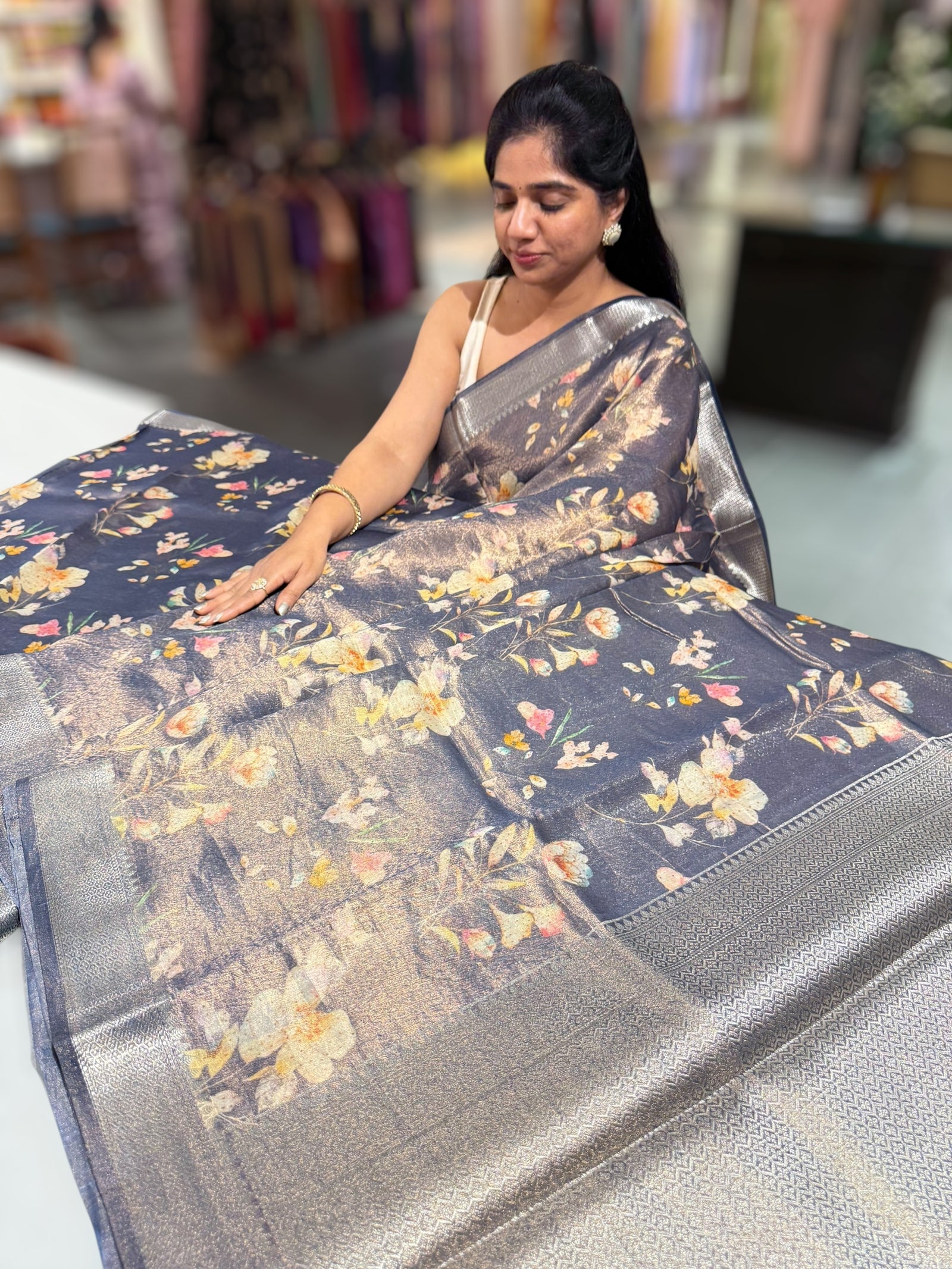 Midnight Blue Printed Banarasi Cotton Tissue