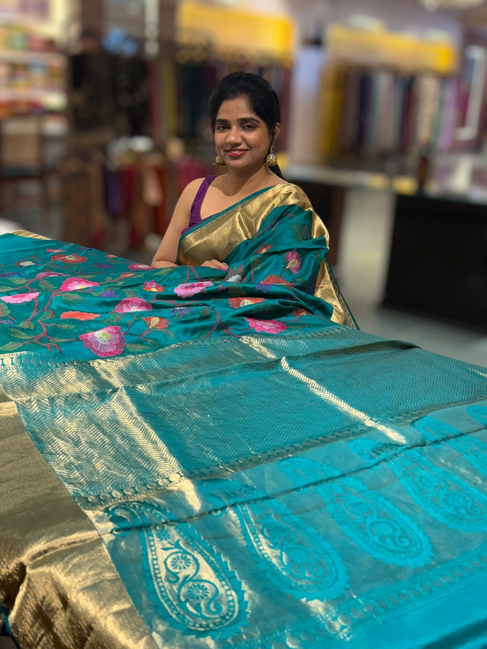 Peacock Green Kanchi Soft Silk Saree with allover jamdani inspired embroidery