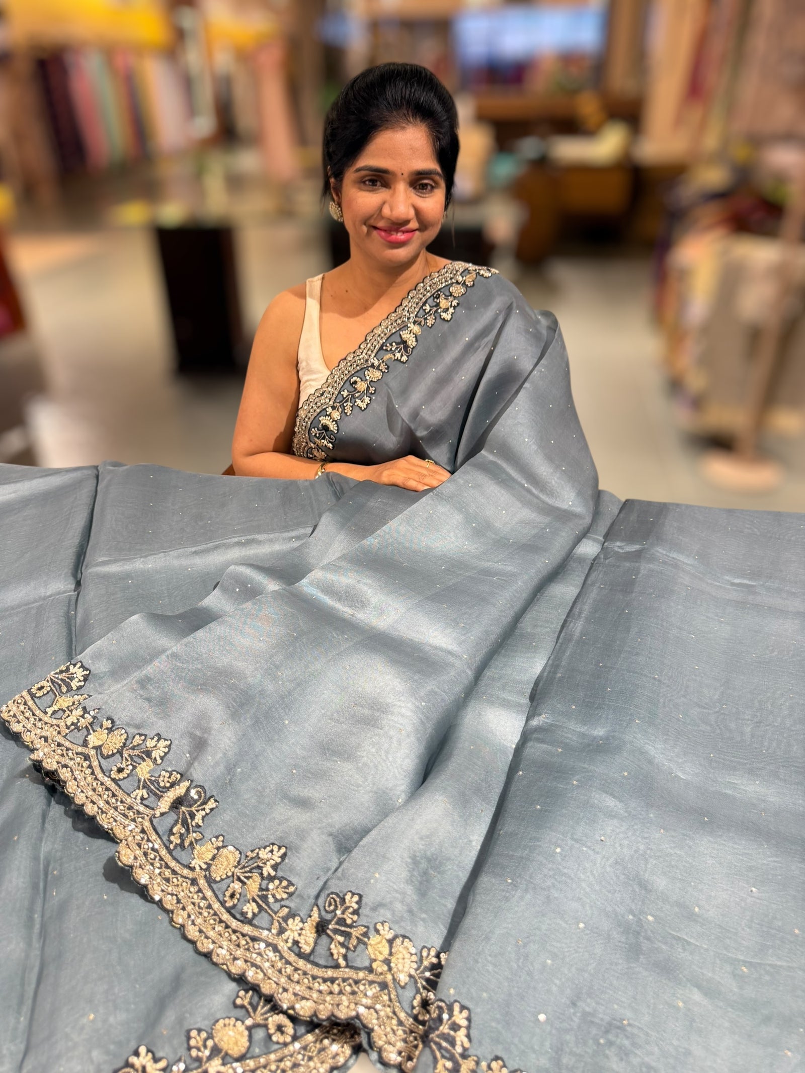 Grey pure organza with handwork