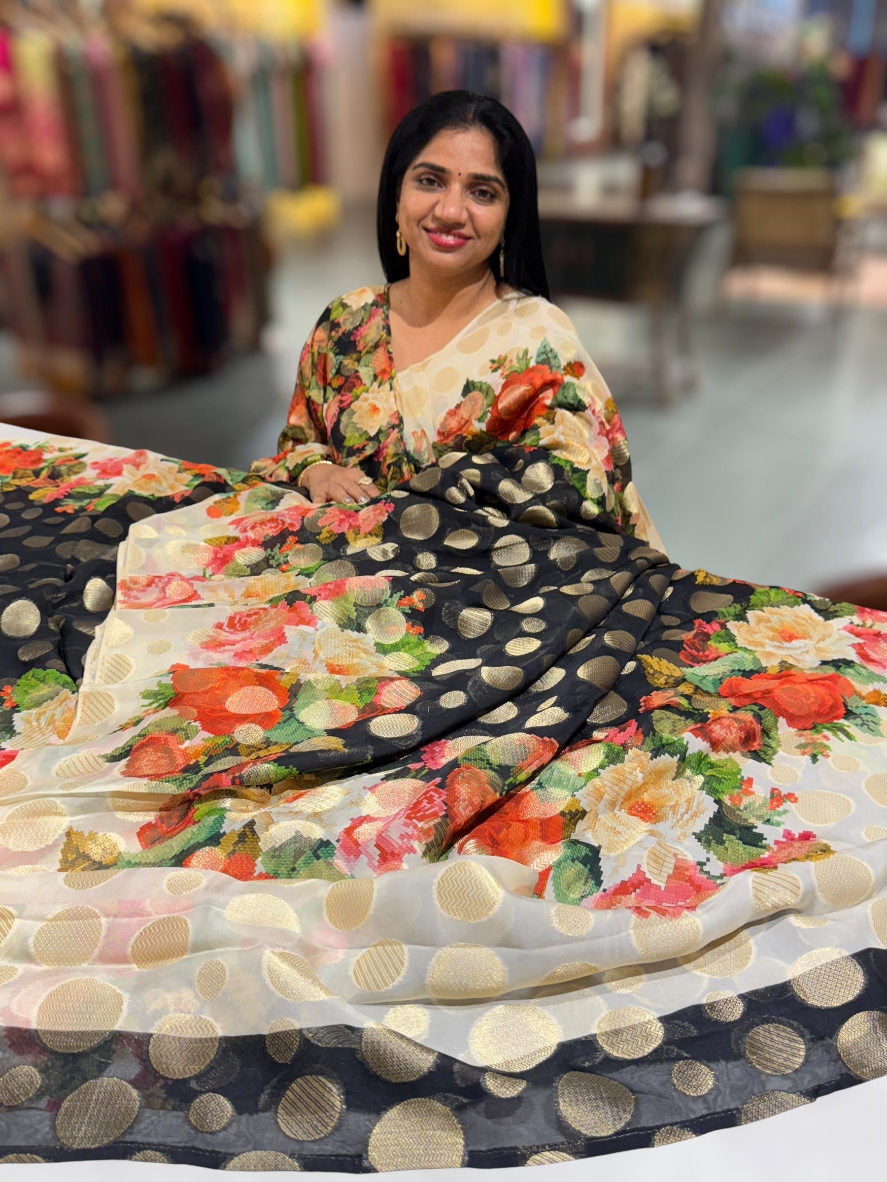 Black Banarasi Kora Gorgette Polka dot Printed Sareep