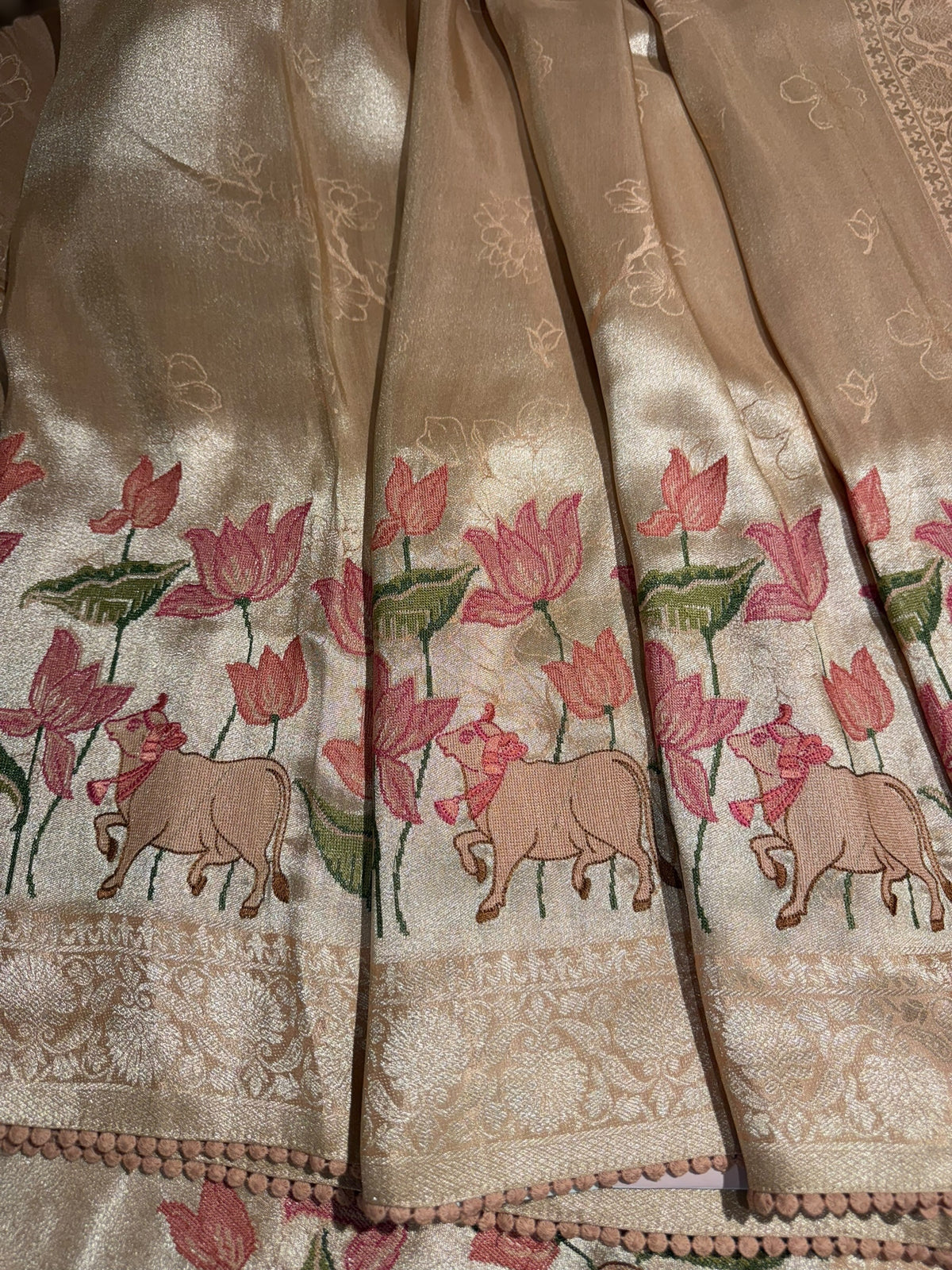 Peach Banarasi Brocade tissue saree with pichwai embroidery