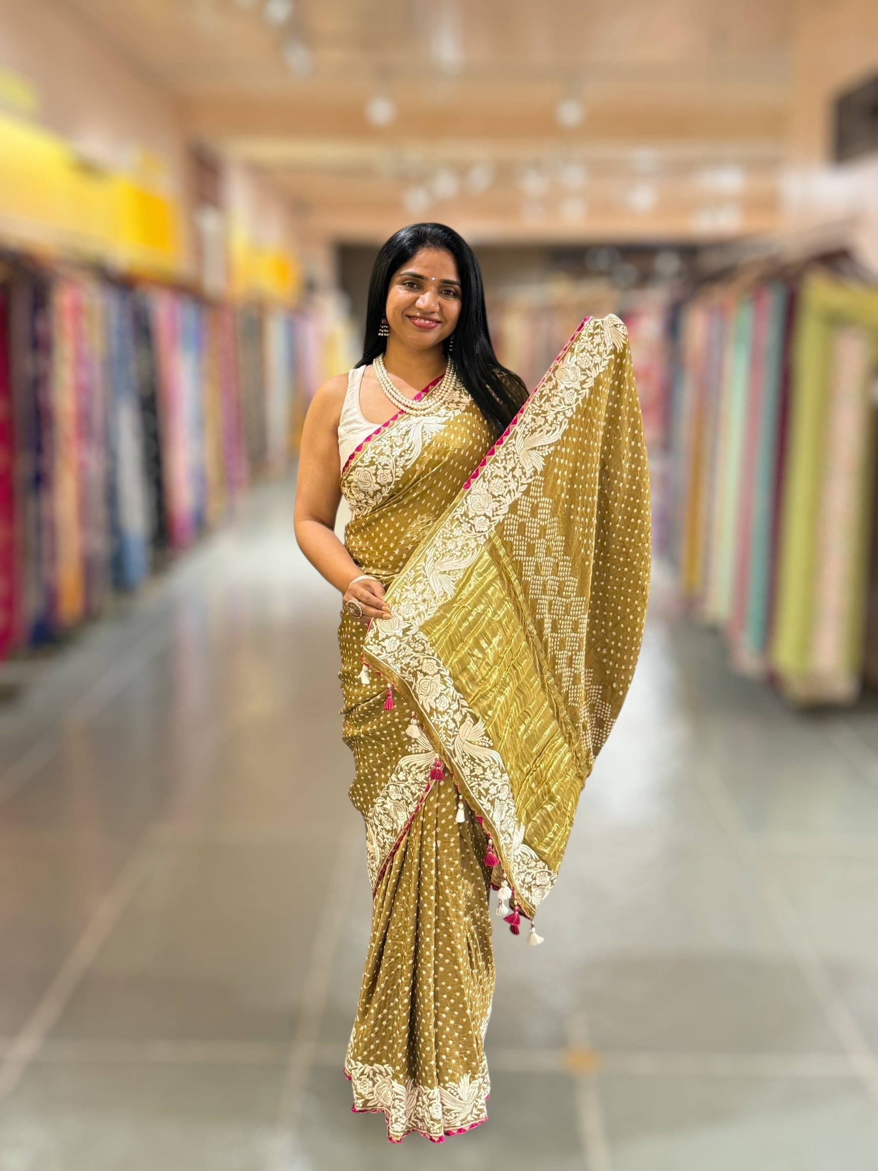 Mehendi Green Pure Gajji Silk Bandhej Saree With Parsi Gara Embroidered Border.