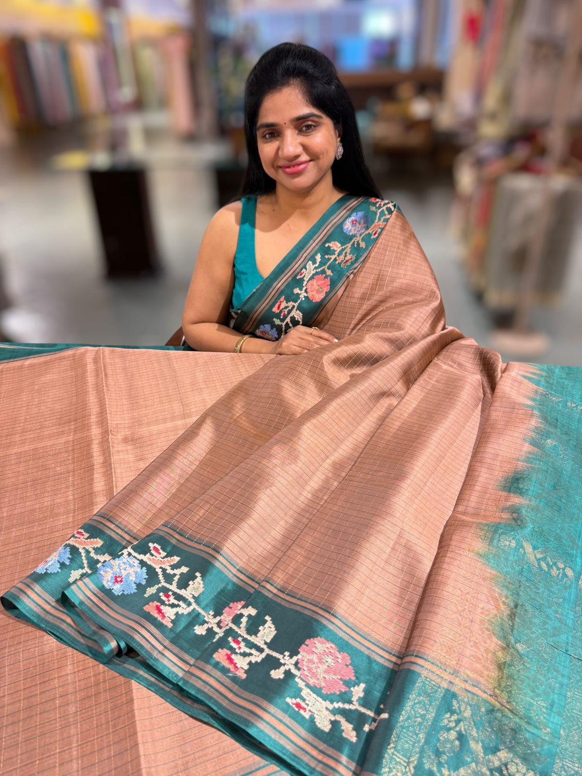 Terracota & Teal Vintage Kanchi soft silk saree with embroidery