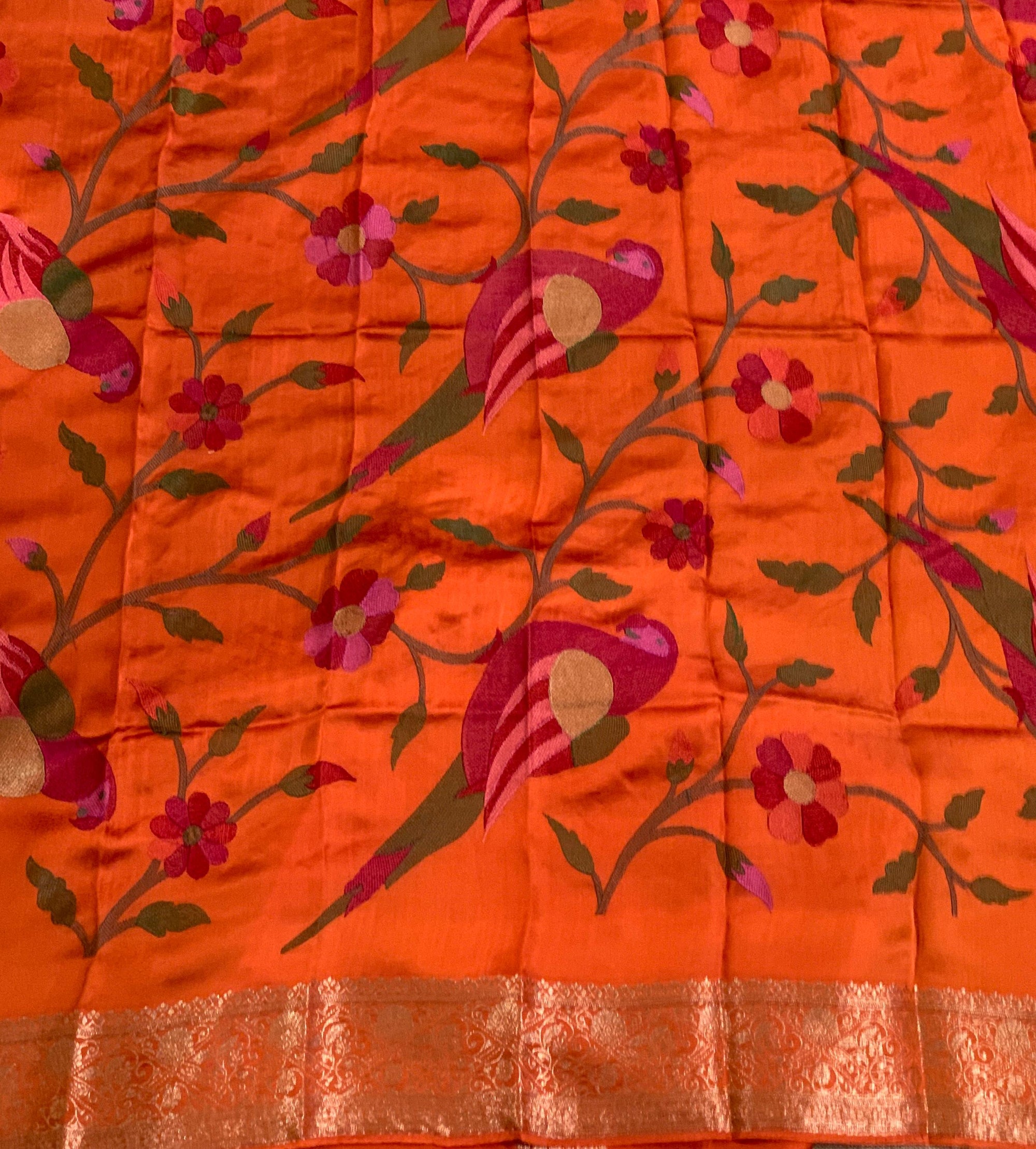 Orange Mashru Silk Saree with Paithani inspired embroidered blouse