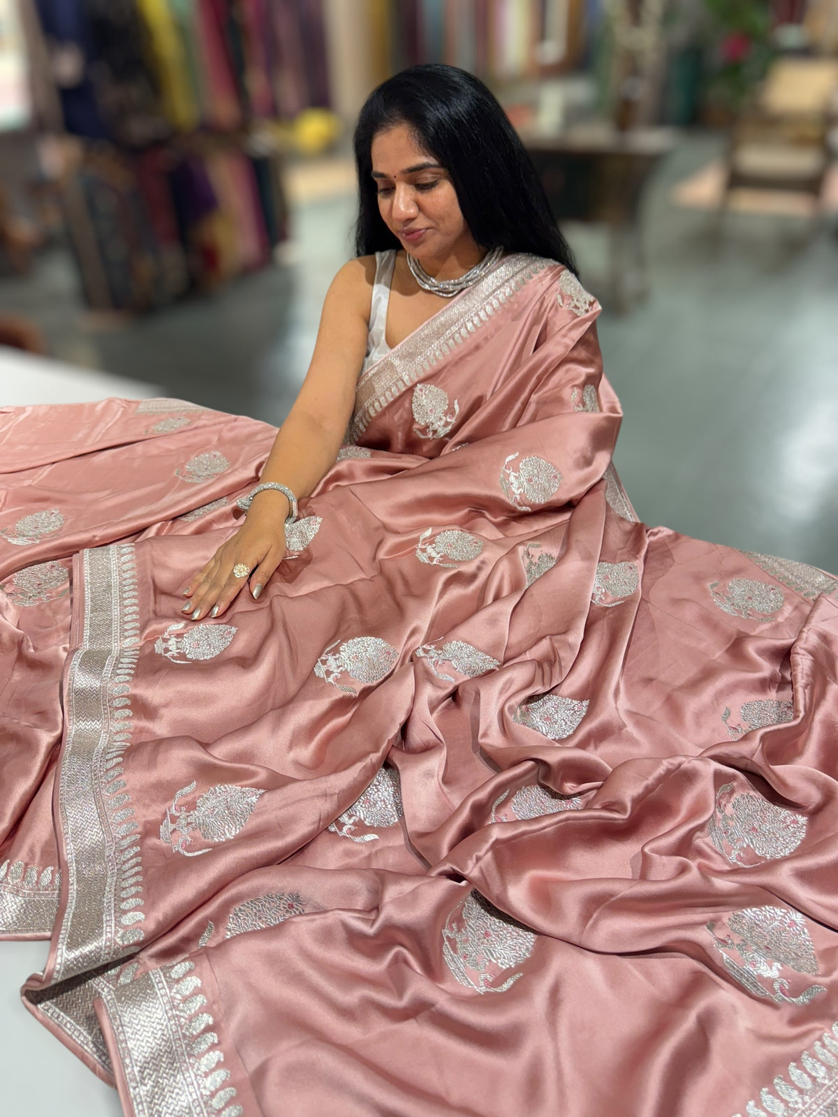 Onion Pink Pure Satin Saree with Embroidery.