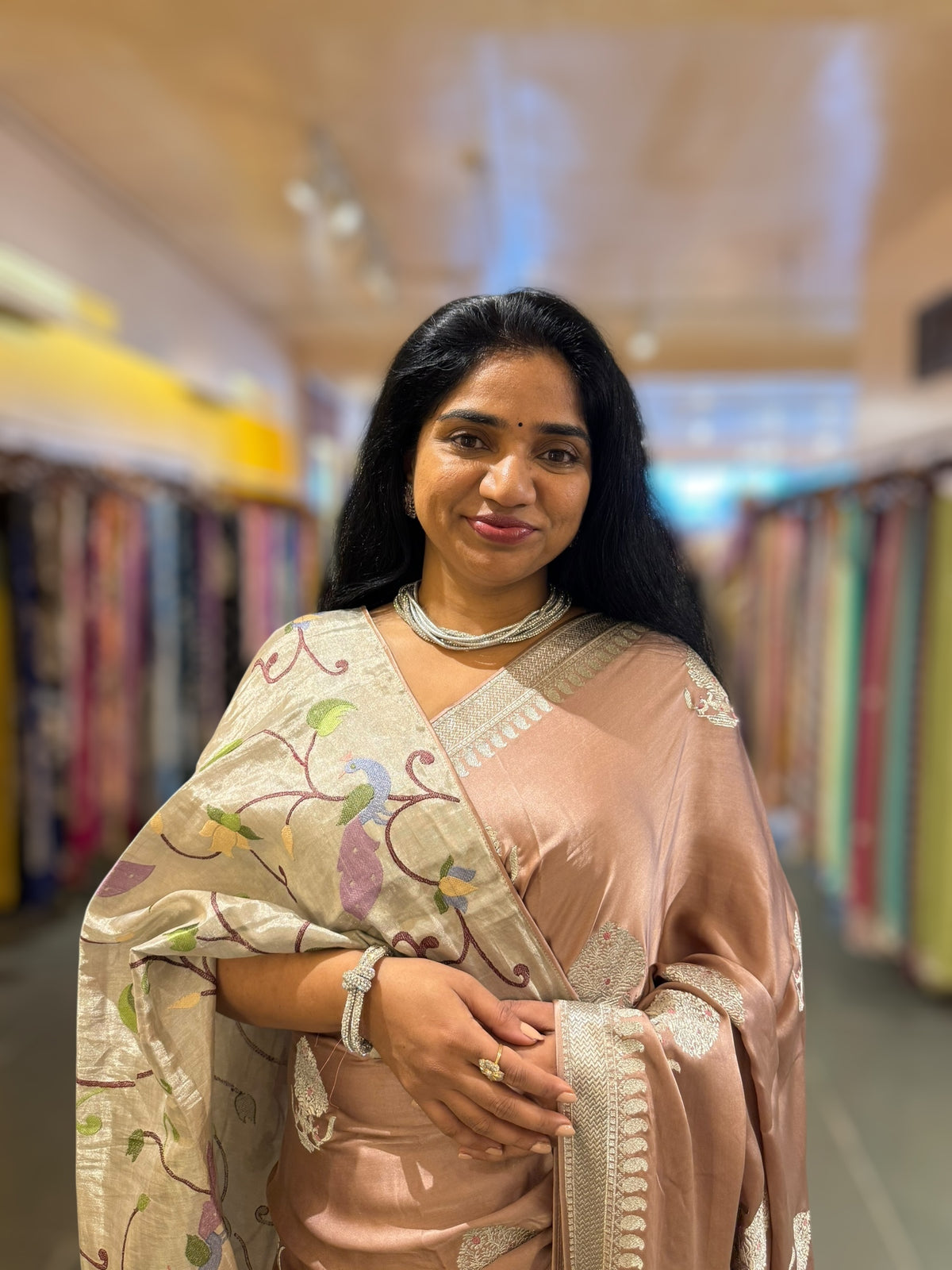 Light Brown Satin Saree with Embroidery.